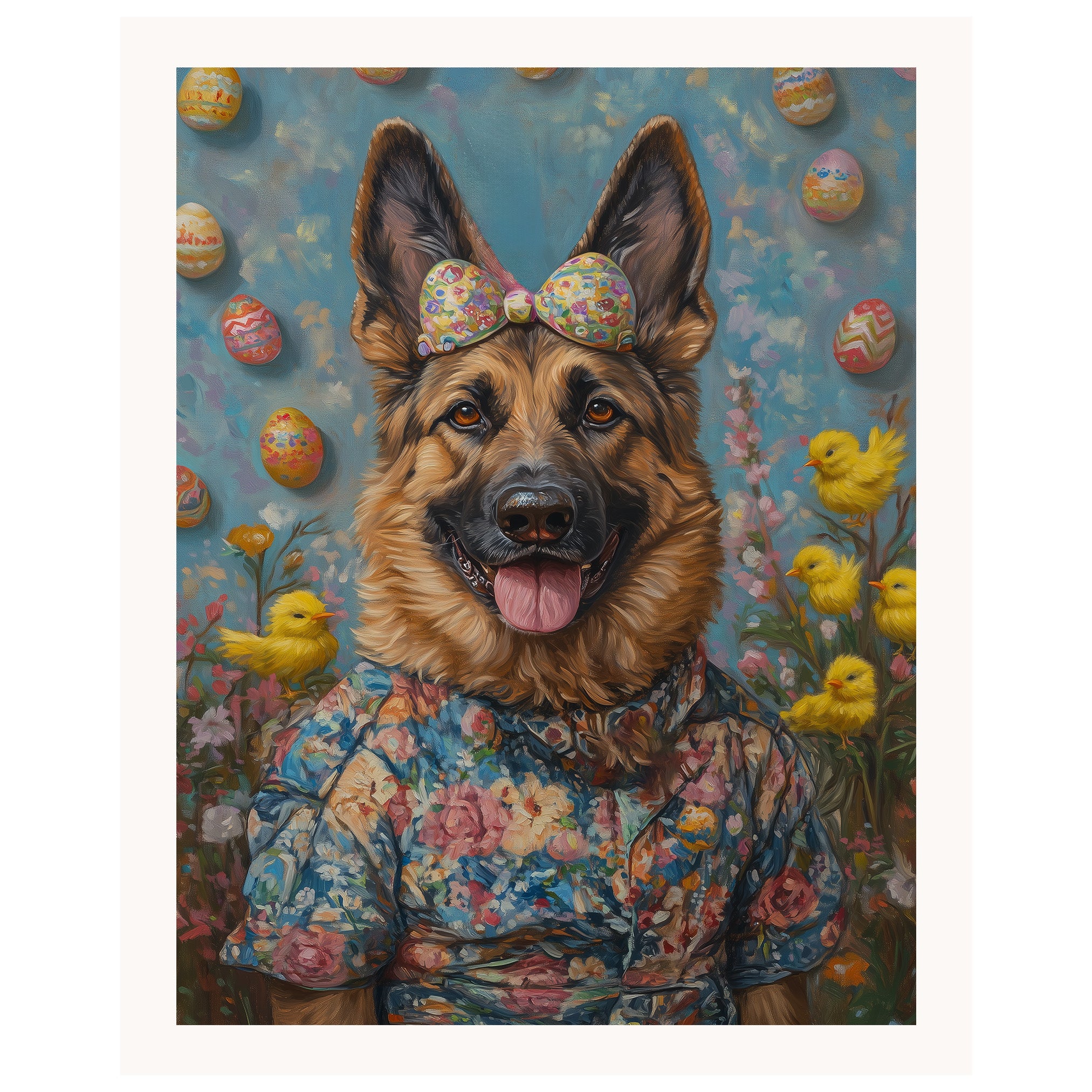 German Shepherd in Easter Outfit, Cute Pet Portrait for Spring Home Decor, Holiday Gifts for Dog Lovers, Dog Wall Art on Canvas Wrap, Framed Print, or Rolled Artwork