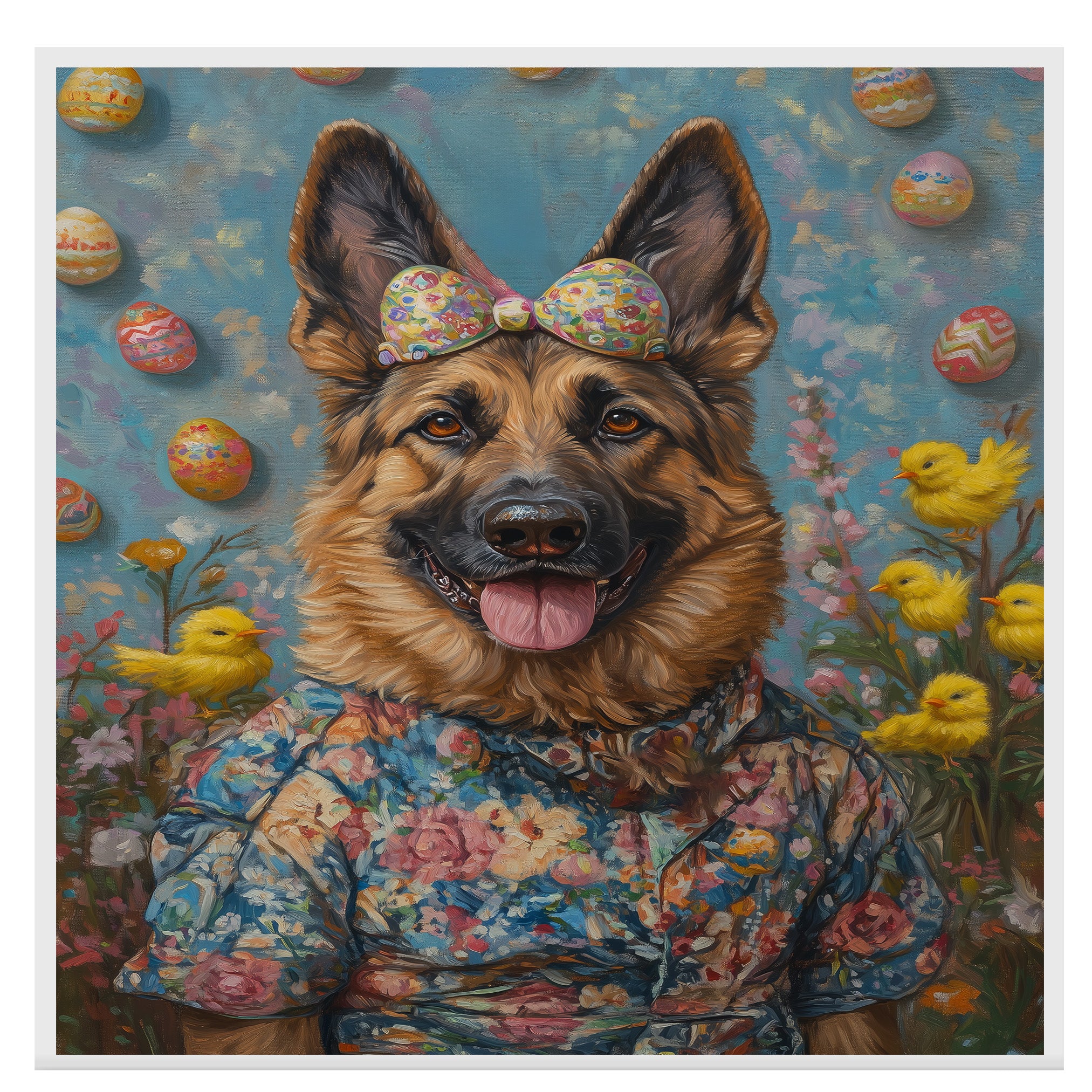 German Shepherd in Easter Outfit, Cute Pet Portrait for Spring Home Decor, Holiday Gifts for Dog Lovers, Dog Wall Art on Canvas Wrap, Framed Print, or Rolled Artwork