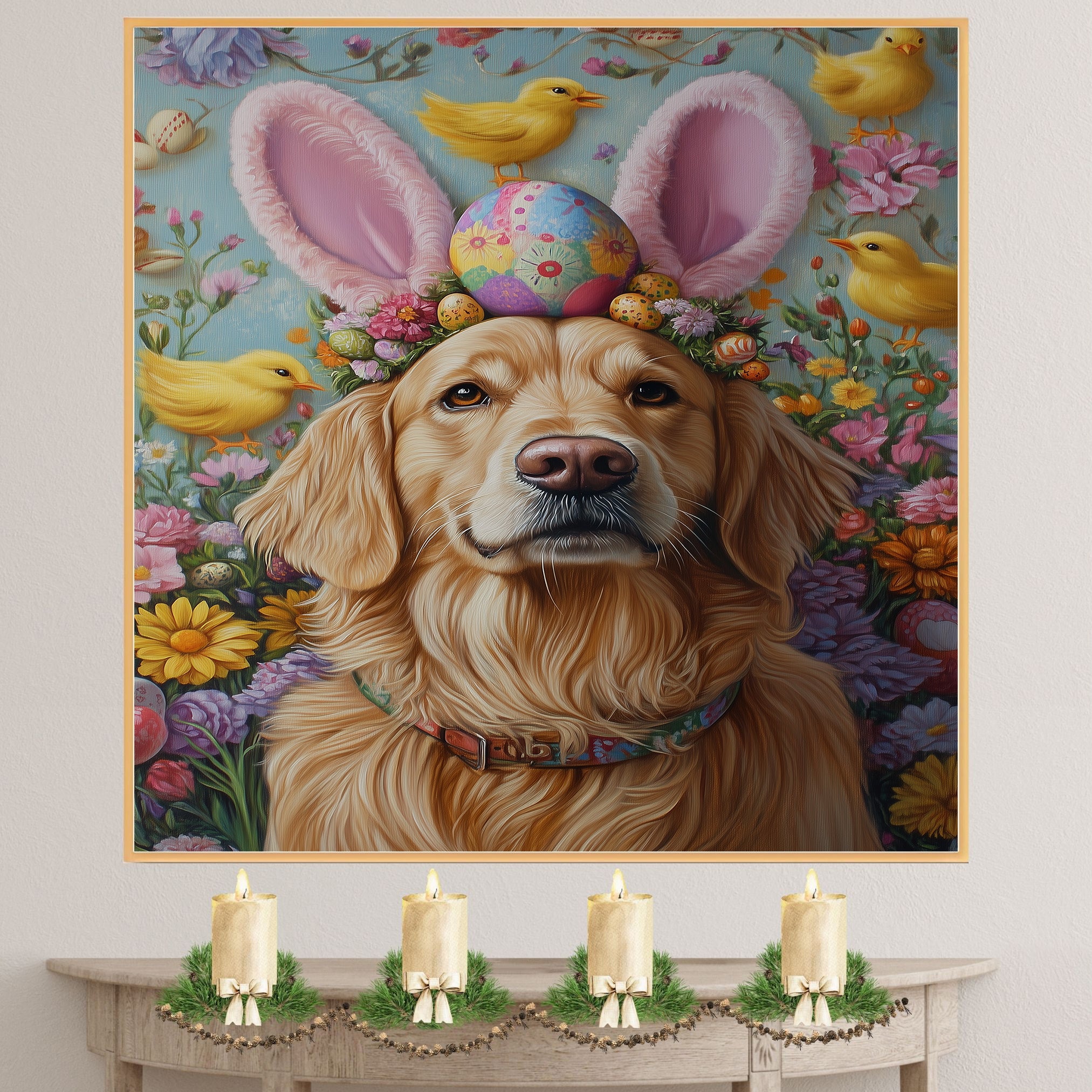 Golden Retriever in Easter Outfit, Cute Pet Portrait for Spring Home Decor, Holiday Gifts for Dog Lovers, Dog Wall Art on Canvas Wrap, Framed Print, or Rolled Artwork