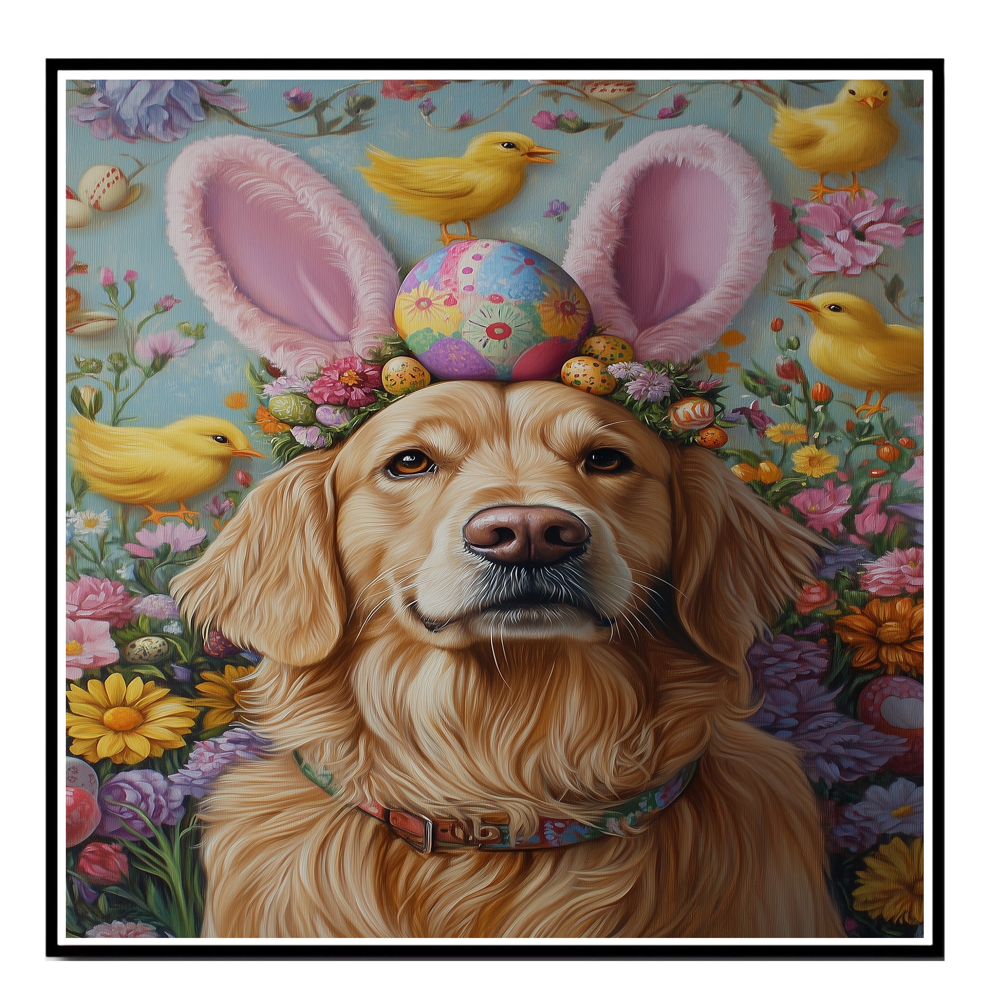 Golden Retriever in Easter Outfit, Cute Pet Portrait for Spring Home Decor, Holiday Gifts for Dog Lovers, Dog Wall Art on Canvas Wrap, Framed Print, or Rolled Artwork
