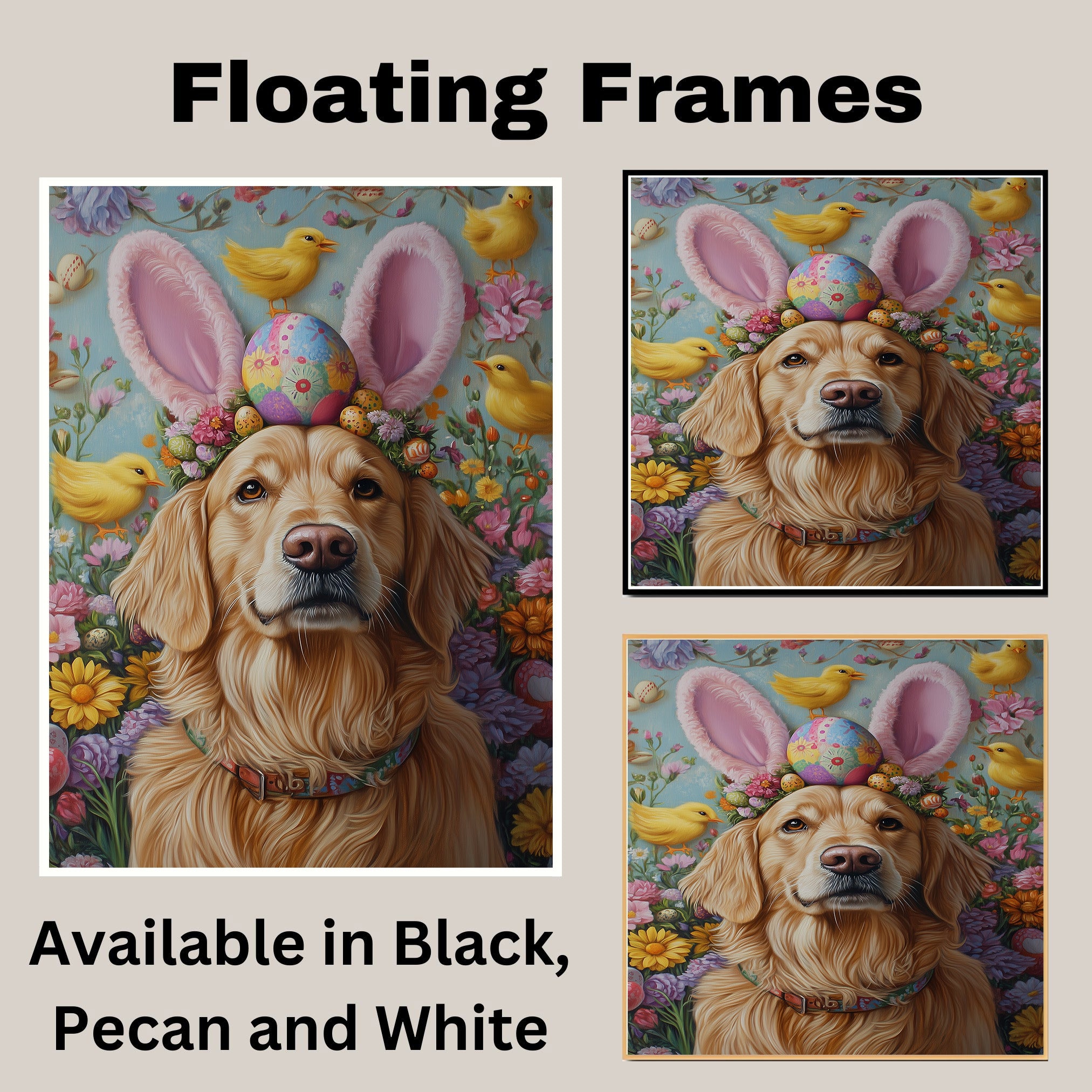 Golden Retriever in Easter Outfit, Cute Pet Portrait for Spring Home Decor, Holiday Gifts for Dog Lovers, Dog Wall Art on Canvas Wrap, Framed Print, or Rolled Artwork