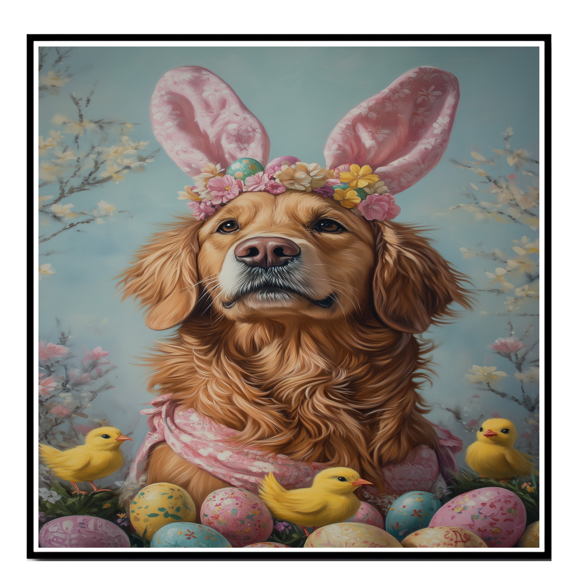 Golden Retriever in Easter Attire, Cute Pet Portrait for Spring Home Decor, Holiday Gifts for Dog Lovers, Dog Wall Art on Canvas Wrap, Framed Print, or Rolled Artwork
