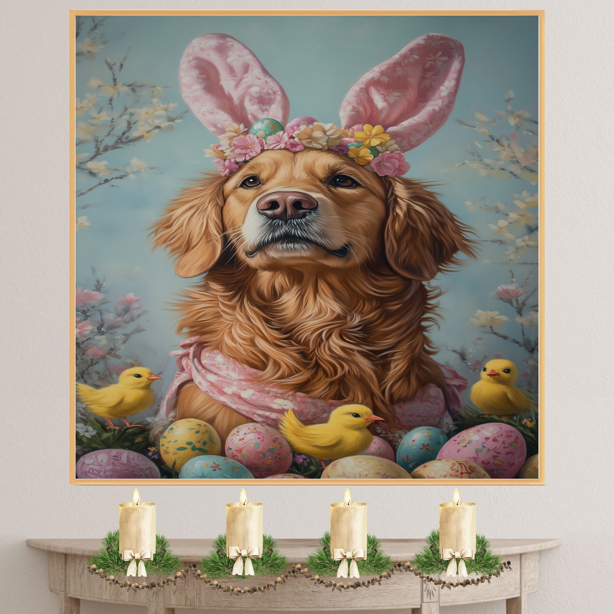 Golden Retriever in Easter Attire, Cute Pet Portrait for Spring Home Decor, Holiday Gifts for Dog Lovers, Dog Wall Art on Canvas Wrap, Framed Print, or Rolled Artwork