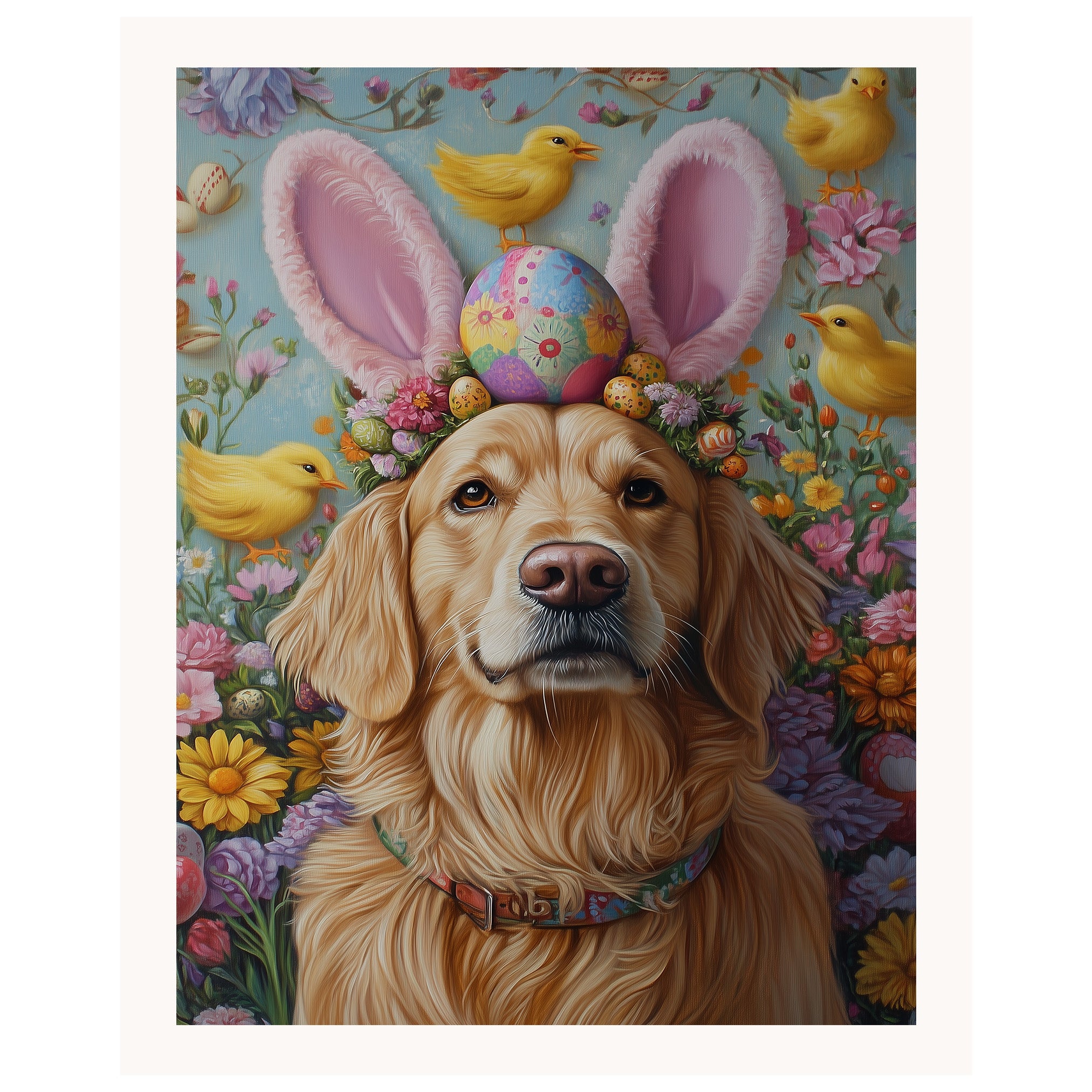 Golden Retriever in Easter Outfit, Cute Pet Portrait for Spring Home Decor, Holiday Gifts for Dog Lovers, Dog Wall Art on Canvas Wrap, Framed Print, or Rolled Artwork