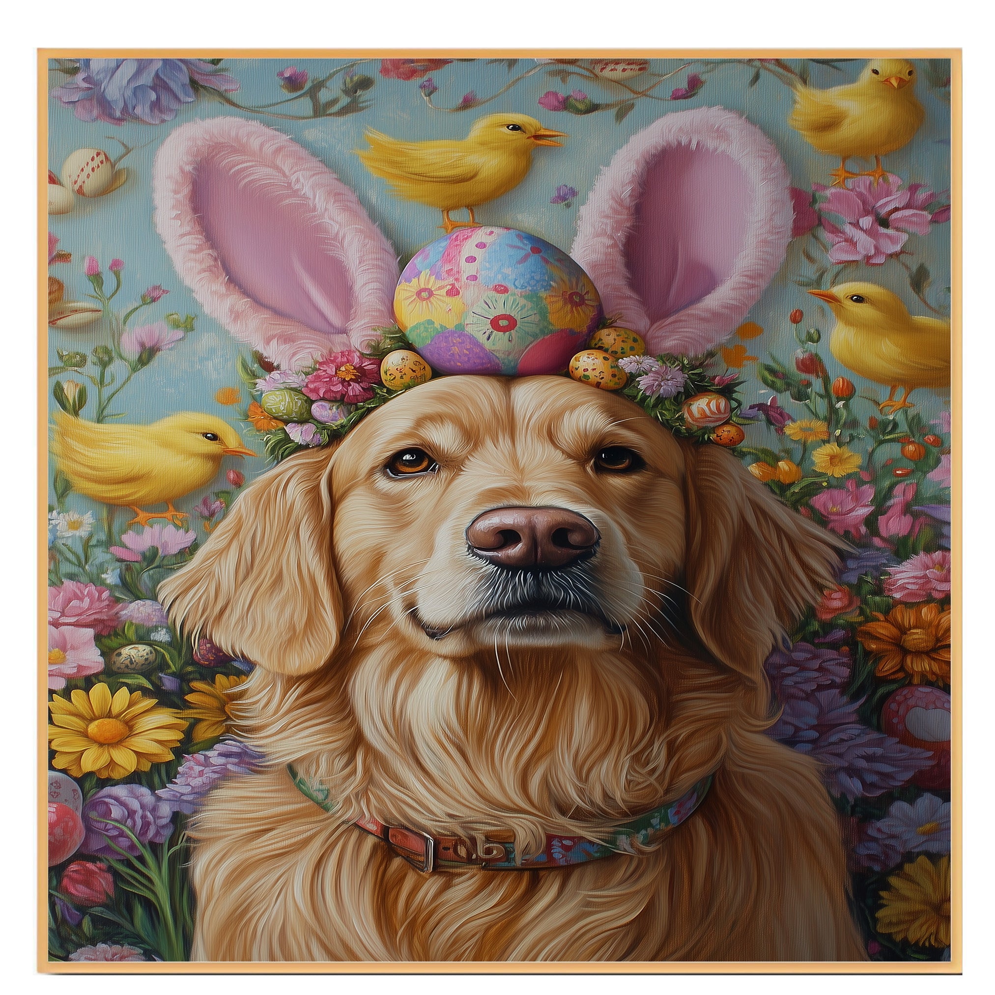 Golden Retriever in Easter Outfit, Cute Pet Portrait for Spring Home Decor, Holiday Gifts for Dog Lovers, Dog Wall Art on Canvas Wrap, Framed Print, or Rolled Artwork