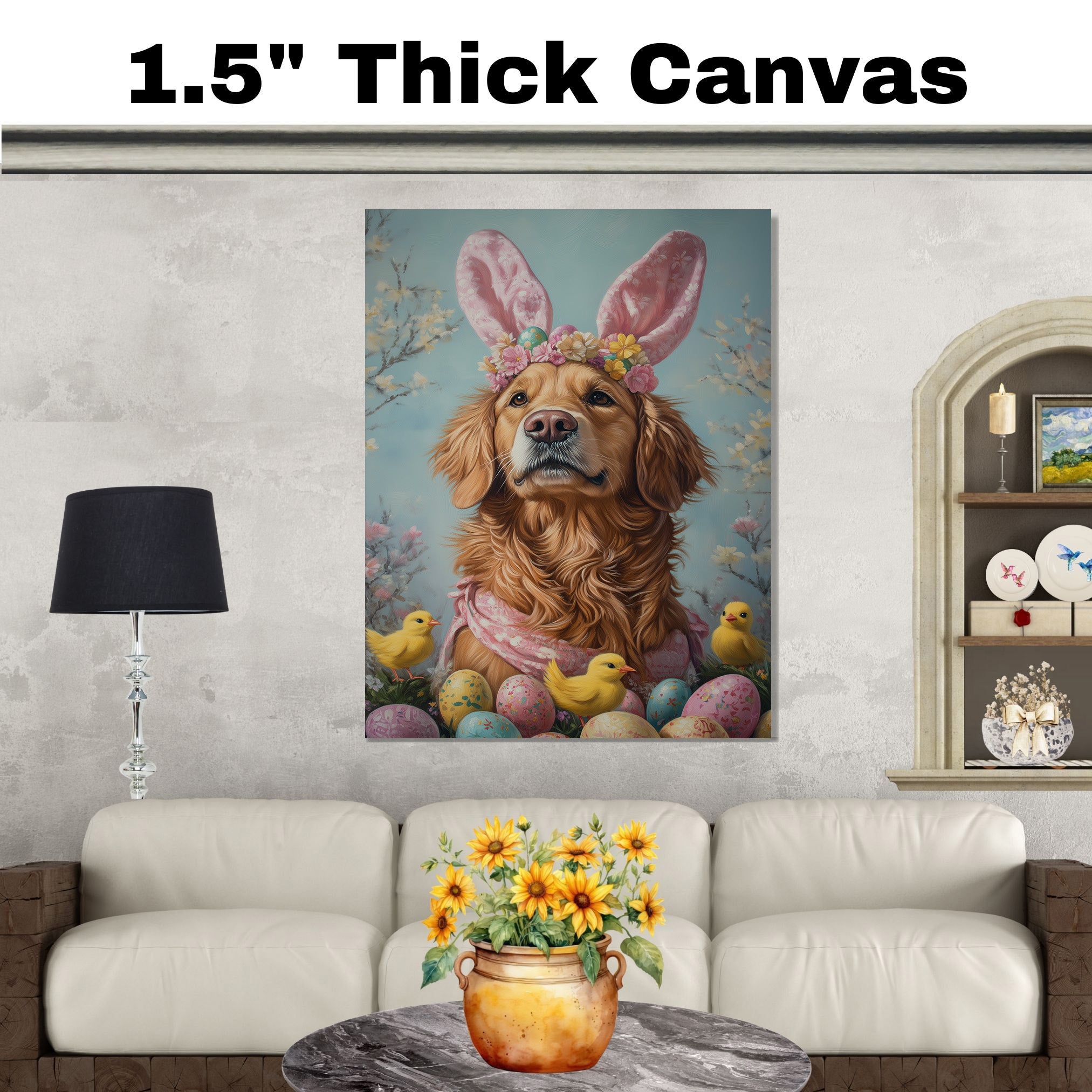Golden Retriever in Easter Attire, Cute Pet Portrait for Spring Home Decor, Holiday Gifts for Dog Lovers, Dog Wall Art on Canvas Wrap, Framed Print, or Rolled Artwork
