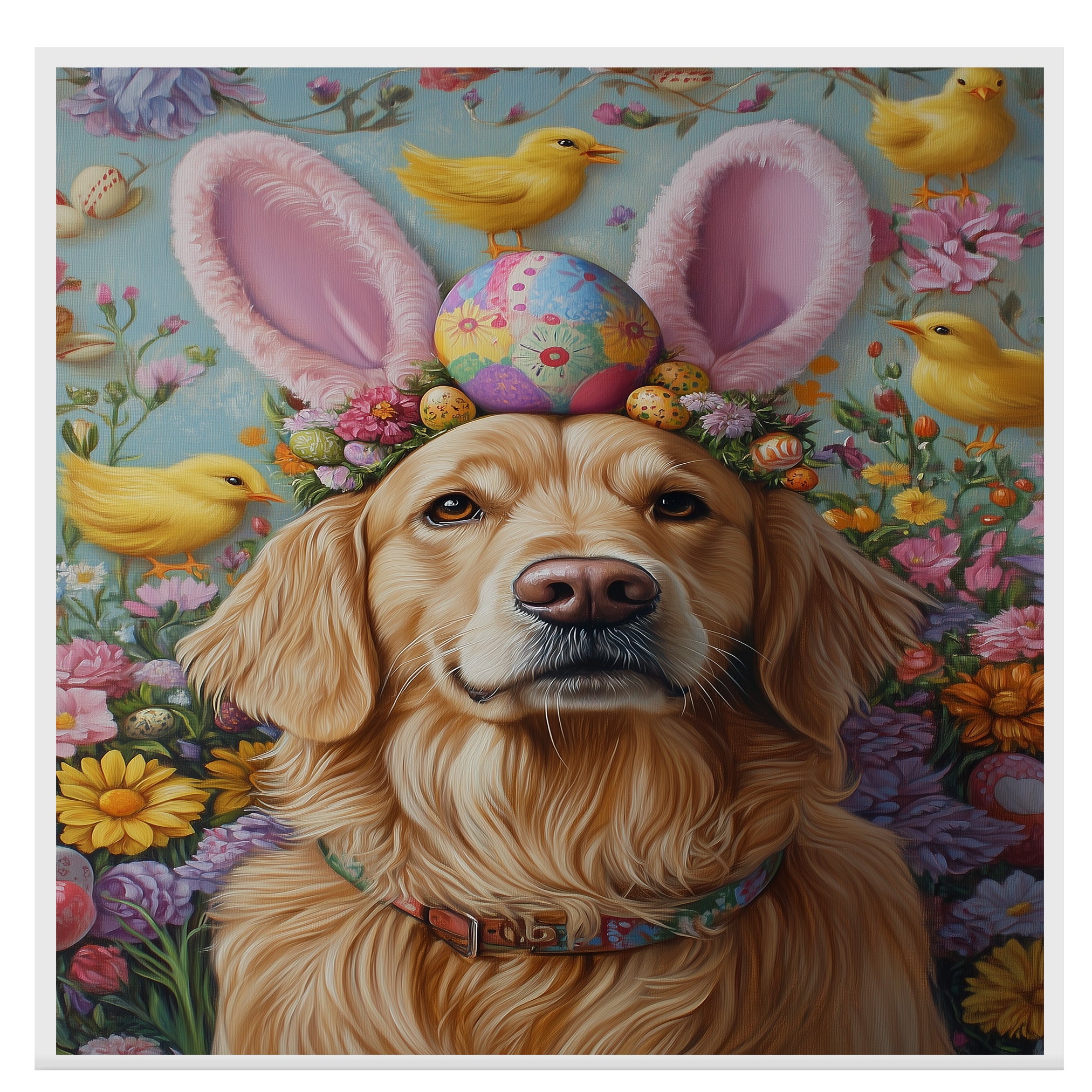 Golden Retriever in Easter Outfit, Cute Pet Portrait for Spring Home Decor, Holiday Gifts for Dog Lovers, Dog Wall Art on Canvas Wrap, Framed Print, or Rolled Artwork