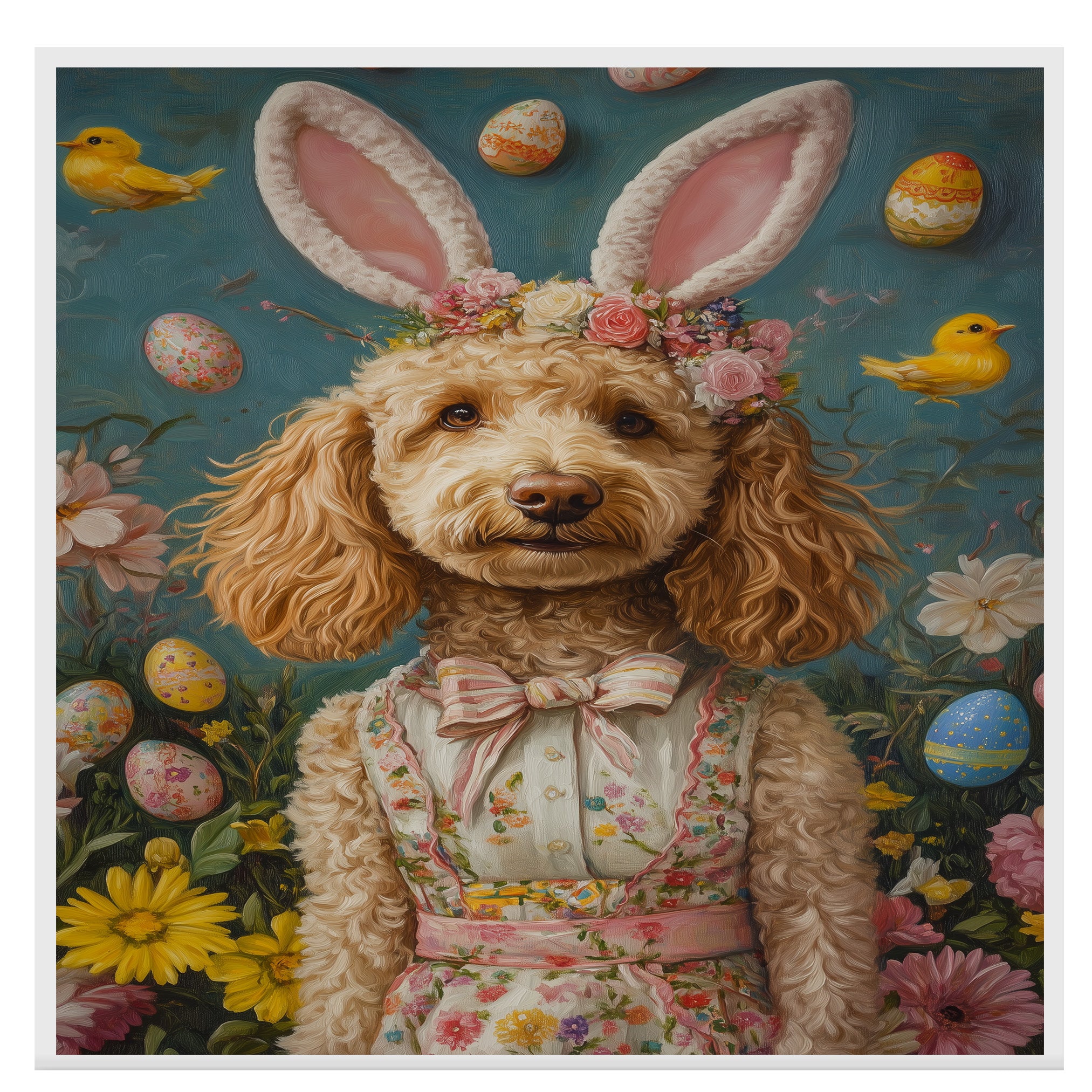 Goldendoodle in Easter Costume, Cute Pet Portrait for Spring Home Decor, Holiday Gifts for Dog Lovers, Dog Wall Art on Canvas Wrap, Framed Print, or Rolled Artwork