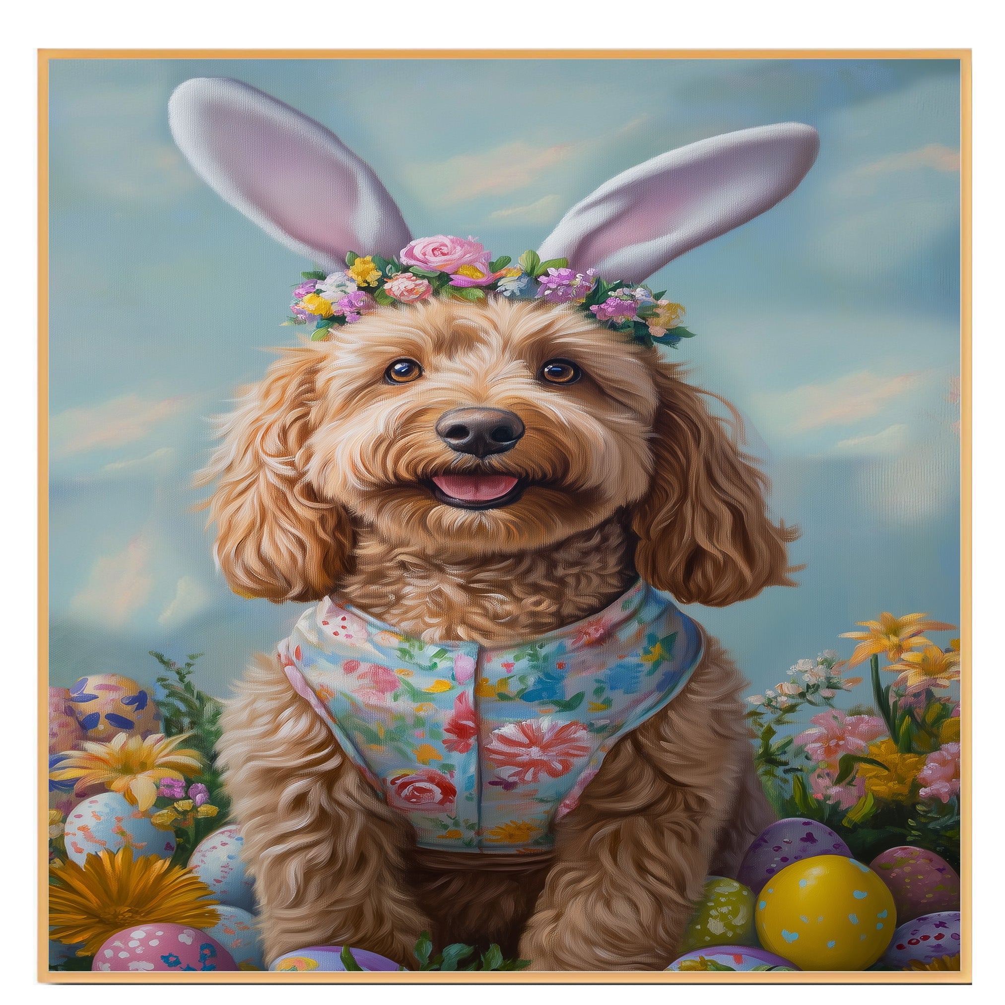 Goldendoodle in Easter Outfit, Cute Pet Portrait for Spring Home Decor, Holiday Gifts for Dog Lovers, Dog Wall Art on Canvas Wrap, Framed Print, or Rolled Artwork