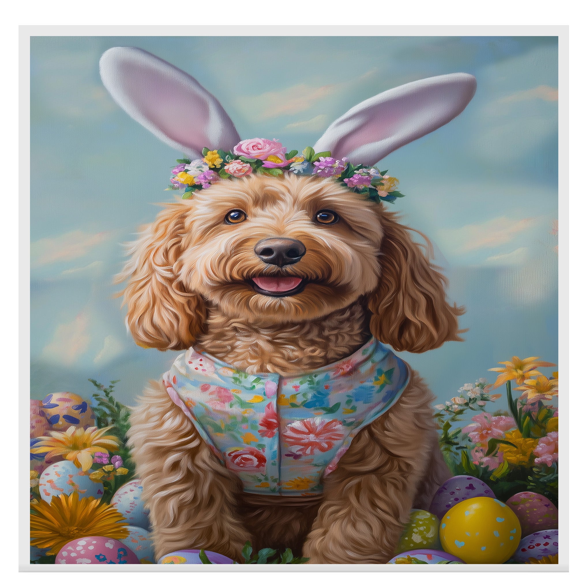 Goldendoodle in Easter Outfit, Cute Pet Portrait for Spring Home Decor, Holiday Gifts for Dog Lovers, Dog Wall Art on Canvas Wrap, Framed Print, or Rolled Artwork