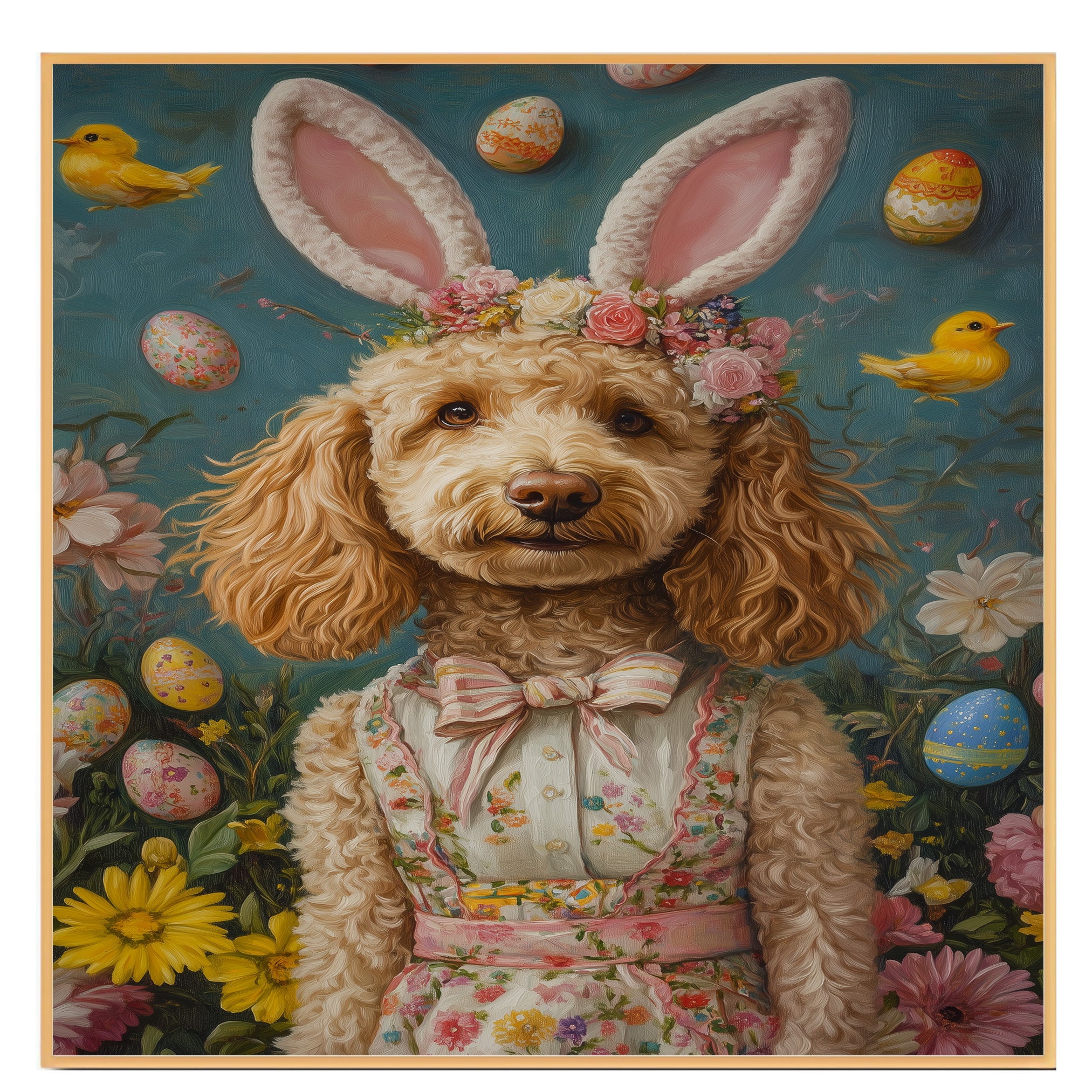Goldendoodle in Easter Costume, Cute Pet Portrait for Spring Home Decor, Holiday Gifts for Dog Lovers, Dog Wall Art on Canvas Wrap, Framed Print, or Rolled Artwork