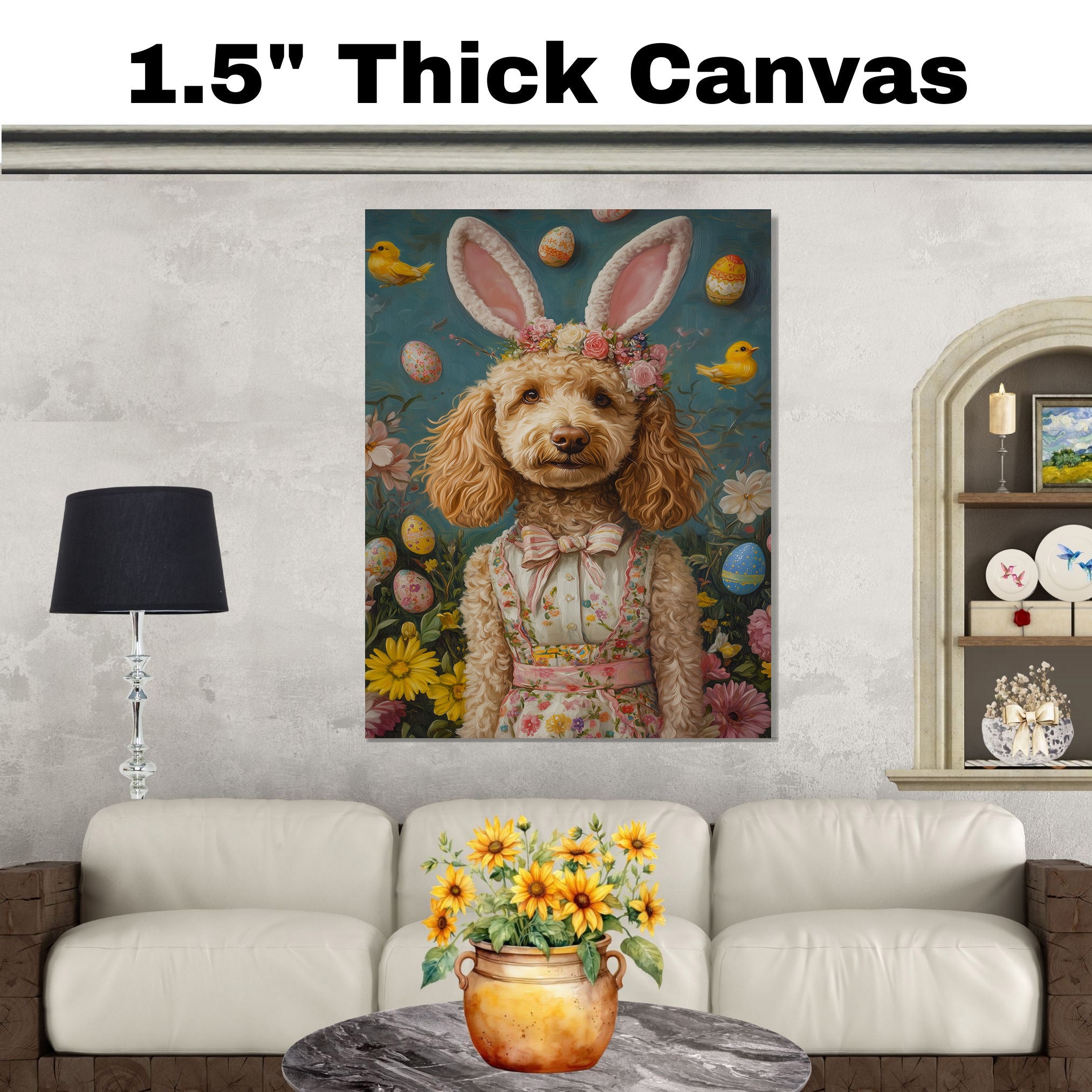 Goldendoodle in Easter Costume, Cute Pet Portrait for Spring Home Decor, Holiday Gifts for Dog Lovers, Dog Wall Art on Canvas Wrap, Framed Print, or Rolled Artwork