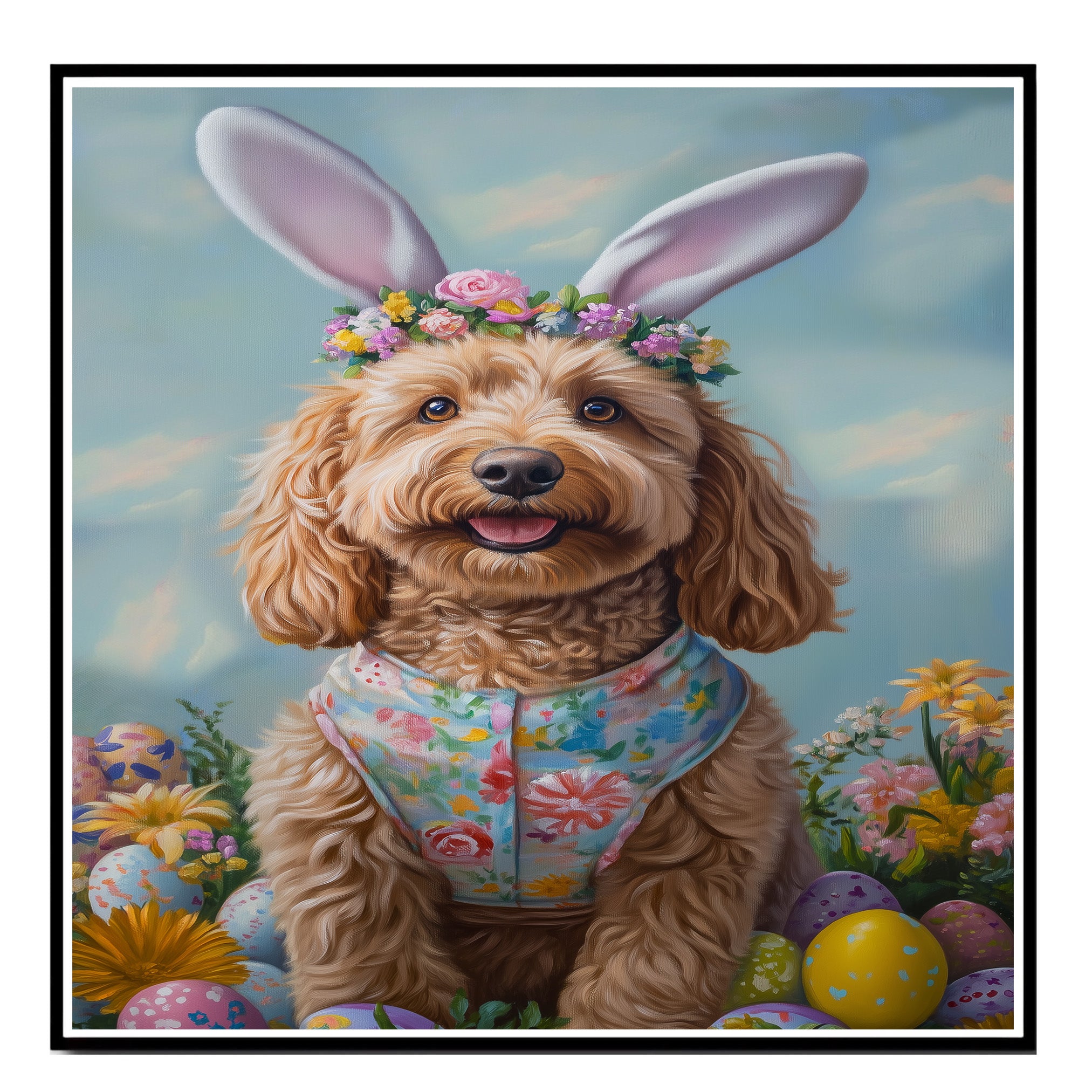 Goldendoodle in Easter Outfit, Cute Pet Portrait for Spring Home Decor, Holiday Gifts for Dog Lovers, Dog Wall Art on Canvas Wrap, Framed Print, or Rolled Artwork