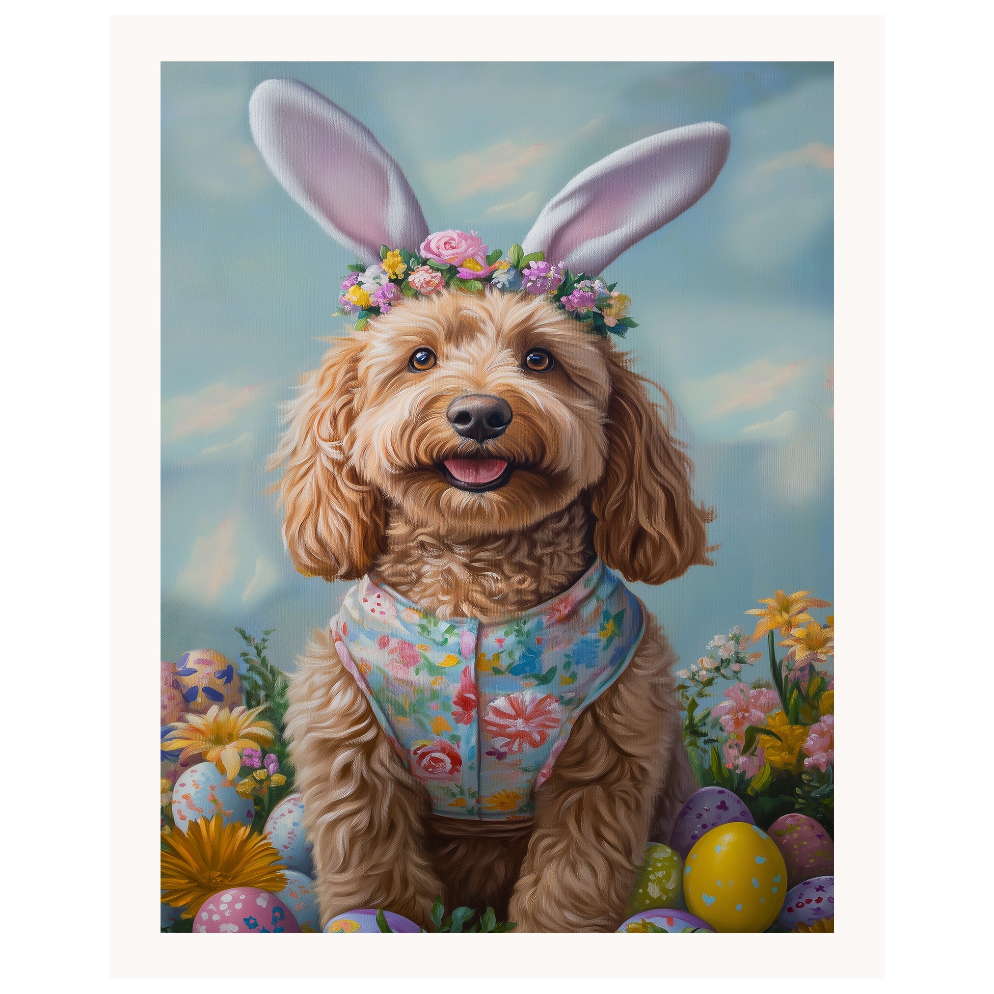 Goldendoodle in Easter Outfit, Cute Pet Portrait for Spring Home Decor, Holiday Gifts for Dog Lovers, Dog Wall Art on Canvas Wrap, Framed Print, or Rolled Artwork