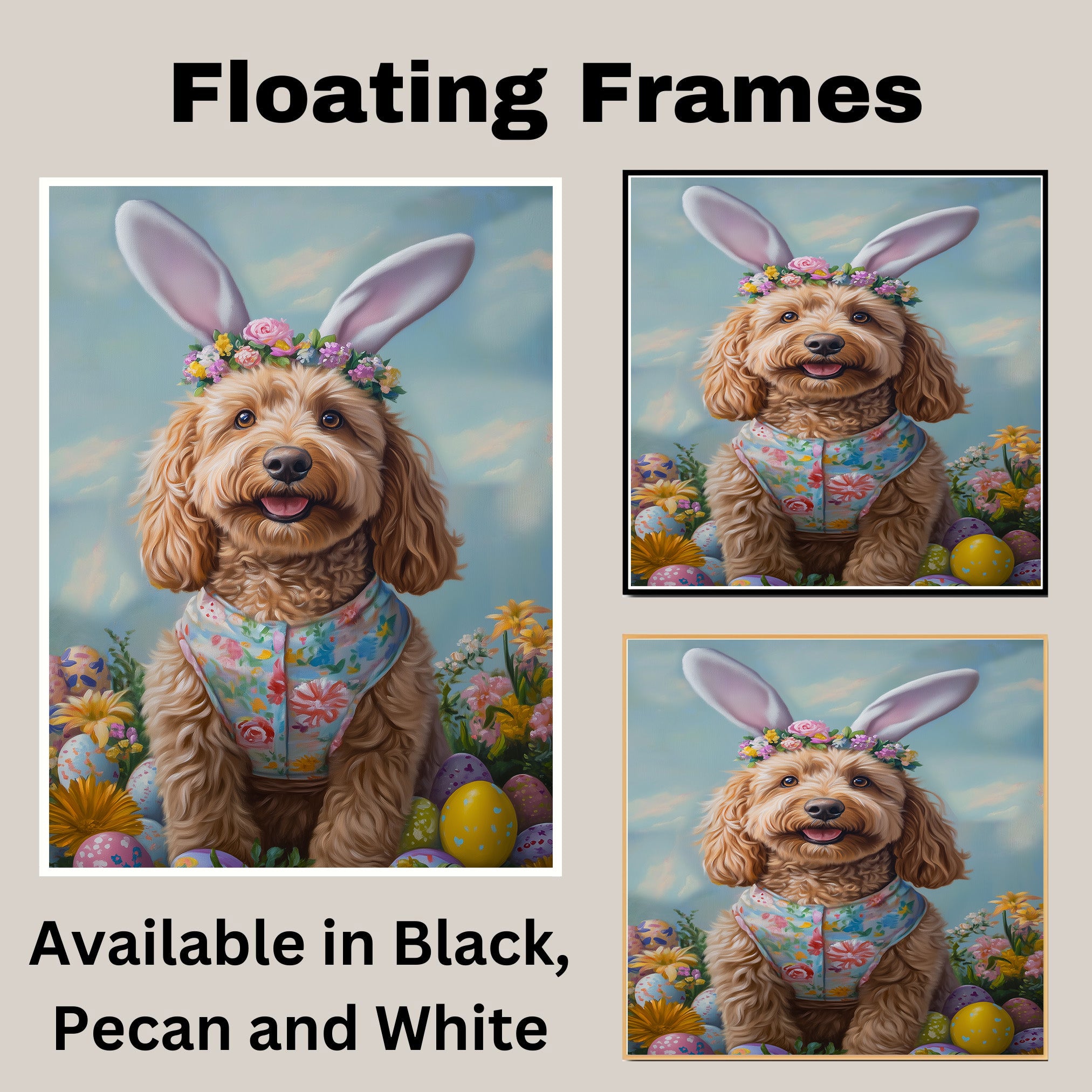Goldendoodle in Easter Outfit, Cute Pet Portrait for Spring Home Decor, Holiday Gifts for Dog Lovers, Dog Wall Art on Canvas Wrap, Framed Print, or Rolled Artwork