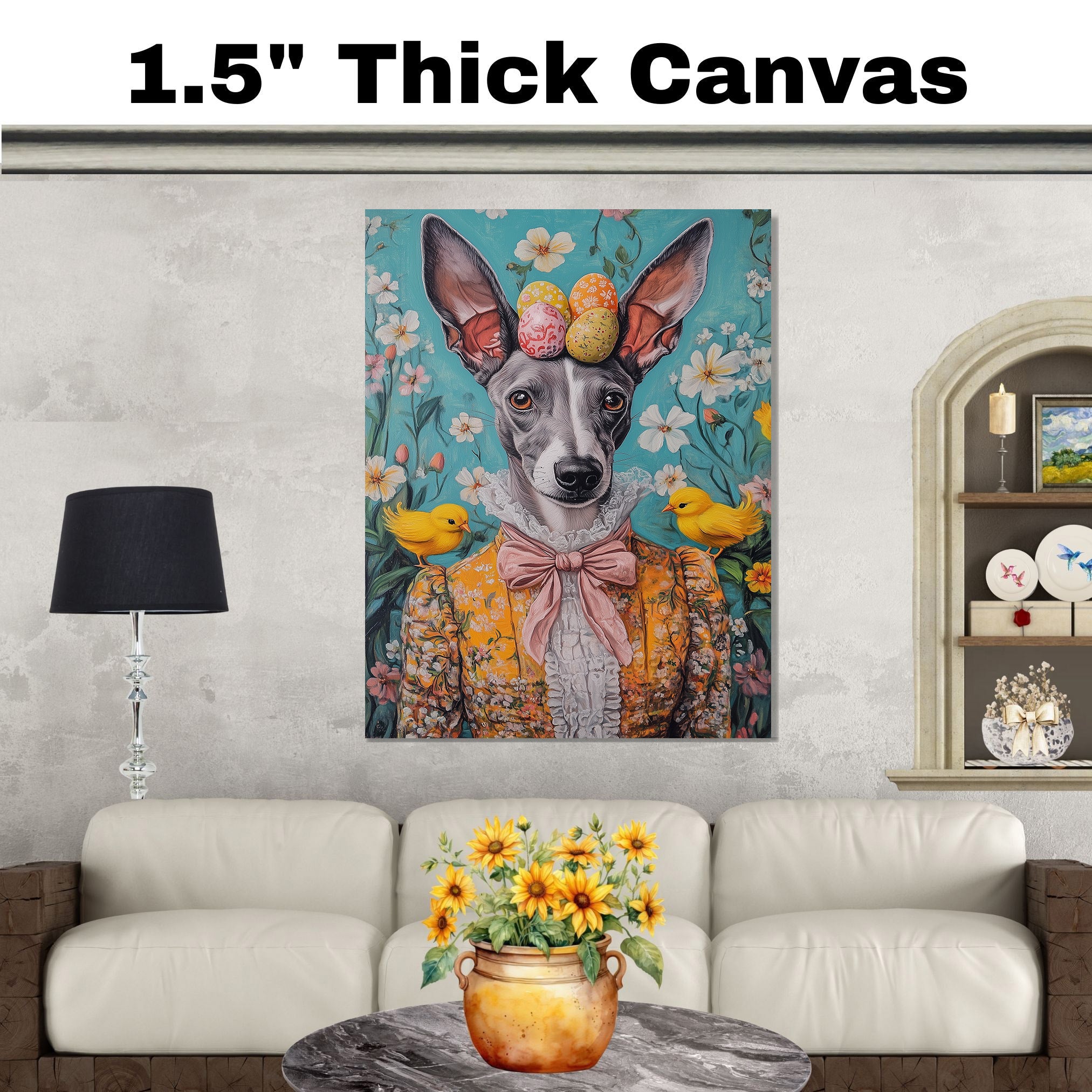 Greyhound in Easter Outfit, Cute Pet Portrait for Spring Home Decor, Holiday Gifts for Dog Lovers, Dog Wall Art on Canvas Wrap, Framed Print, or Rolled Artwork