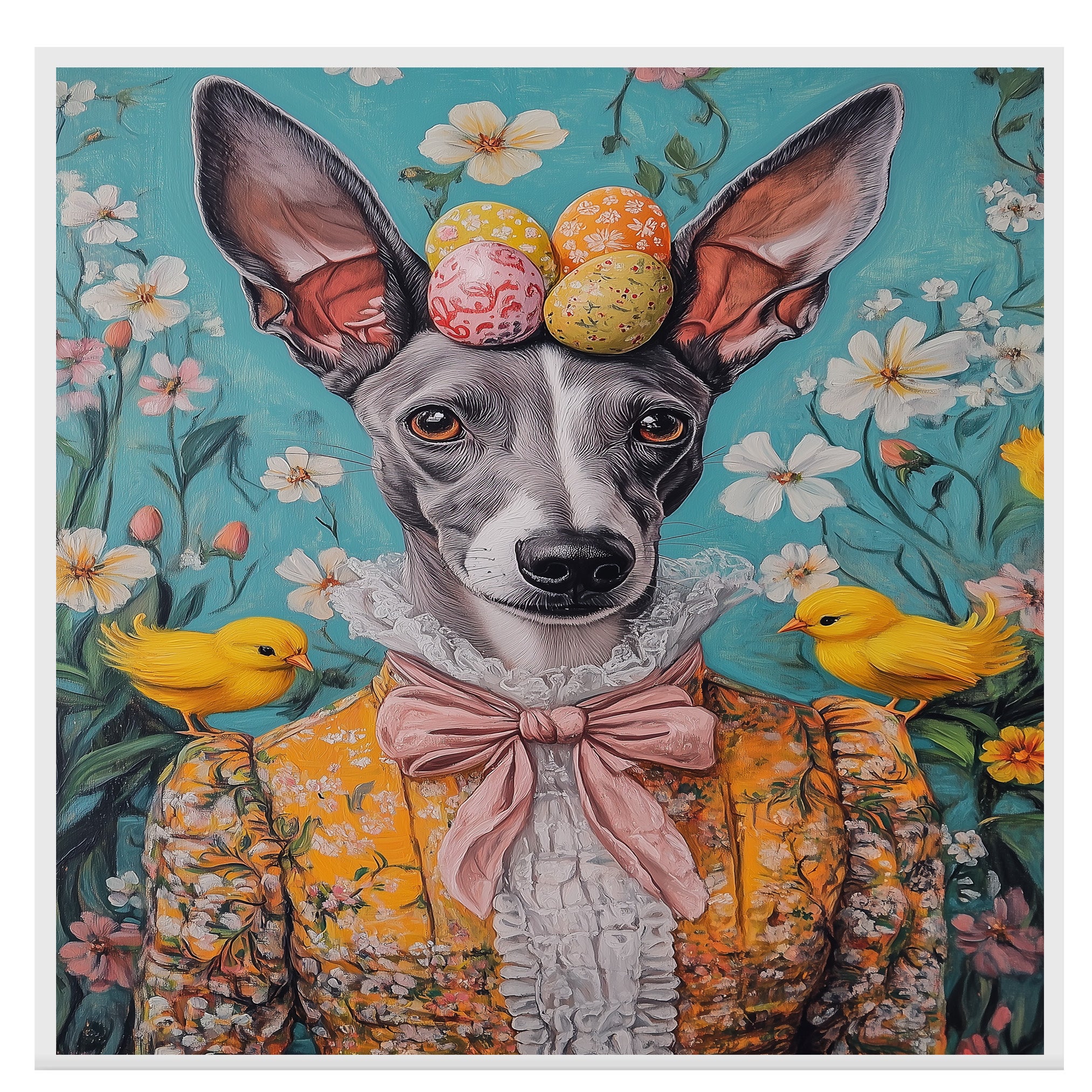 Greyhound in Easter Outfit, Cute Pet Portrait for Spring Home Decor, Holiday Gifts for Dog Lovers, Dog Wall Art on Canvas Wrap, Framed Print, or Rolled Artwork