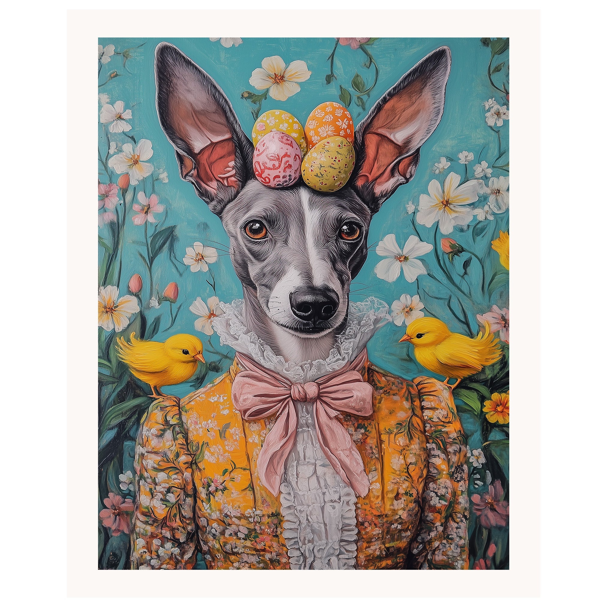 Greyhound in Easter Outfit, Cute Pet Portrait for Spring Home Decor, Holiday Gifts for Dog Lovers, Dog Wall Art on Canvas Wrap, Framed Print, or Rolled Artwork