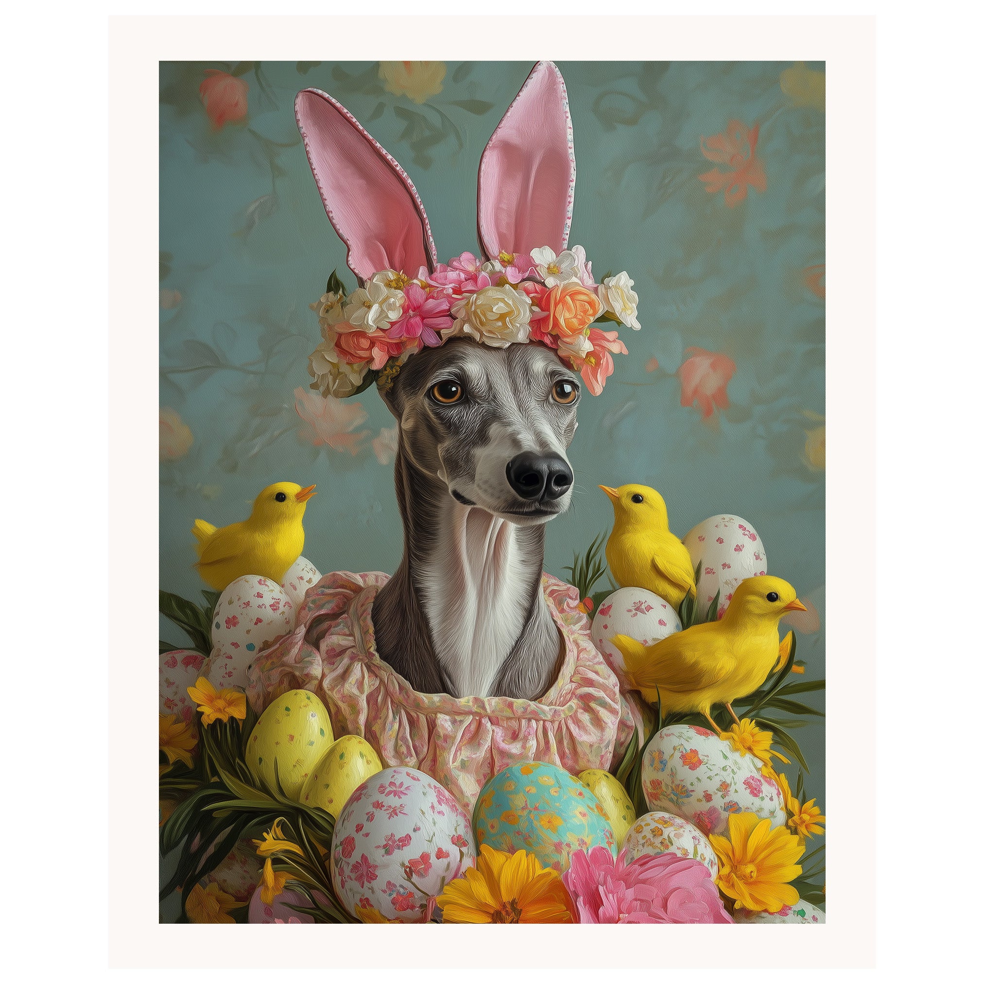 Greyhound in Easter Attire, Cute Pet Portrait for Spring Home Decor, Holiday Gifts for Dog Lovers, Dog Wall Art on Canvas Wrap, Framed Print, or Rolled Artwork