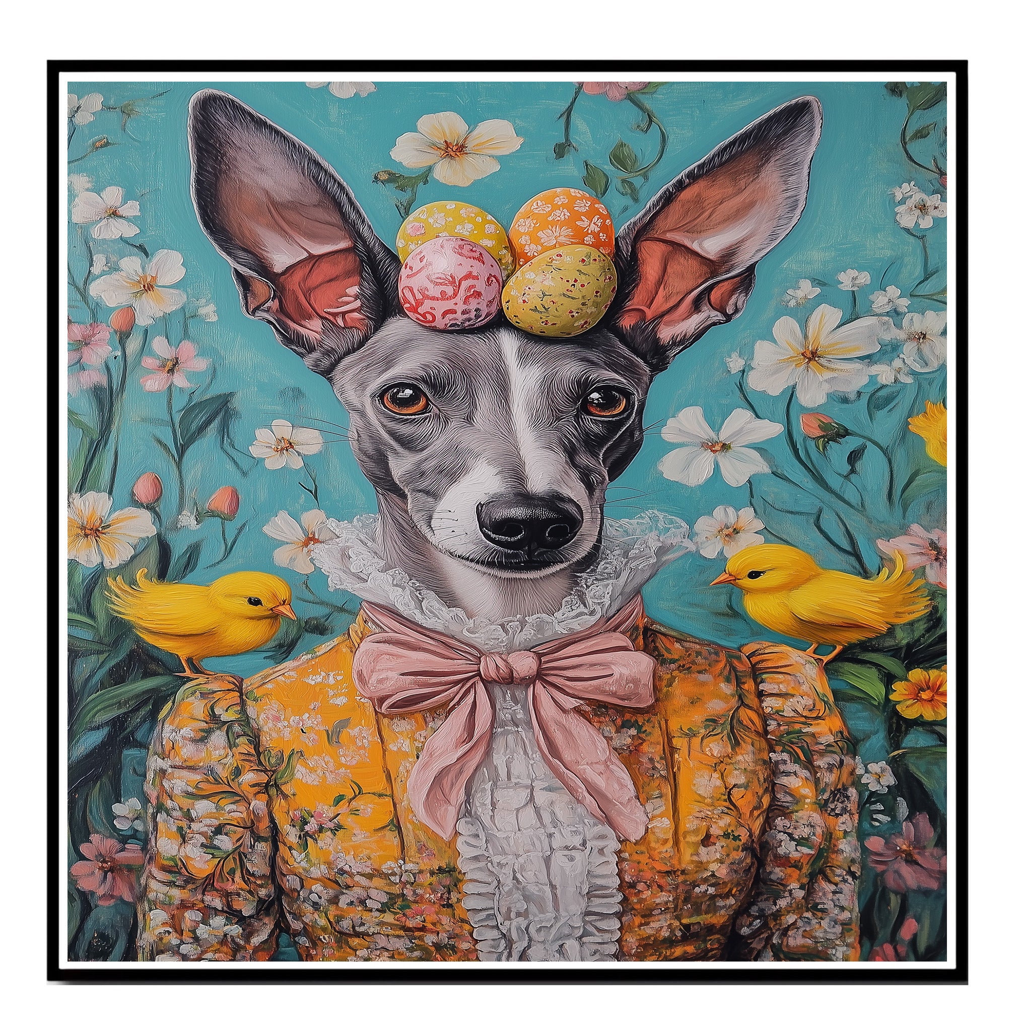 Greyhound in Easter Outfit, Cute Pet Portrait for Spring Home Decor, Holiday Gifts for Dog Lovers, Dog Wall Art on Canvas Wrap, Framed Print, or Rolled Artwork