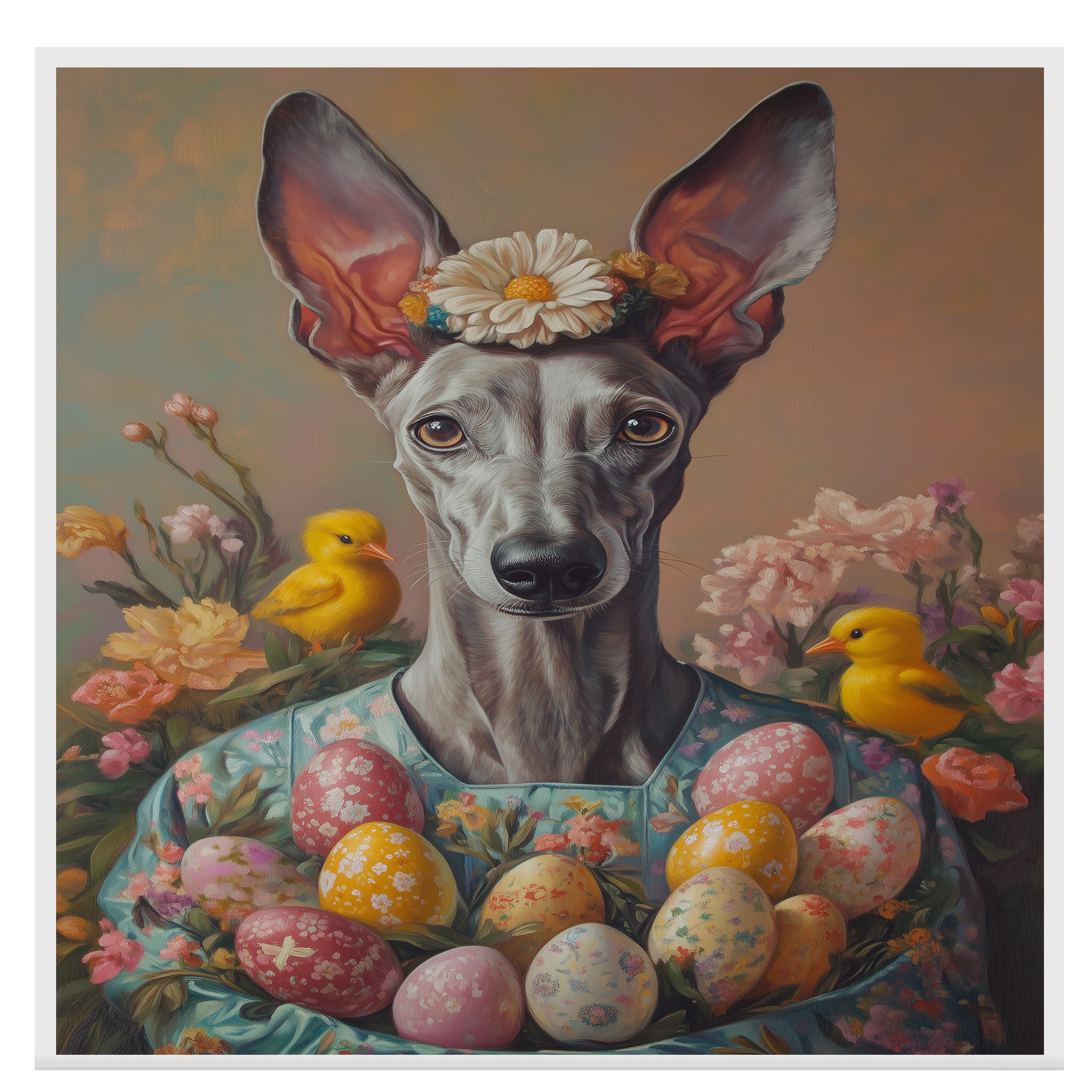 Greyhound in Easter Costume, Spring Home Decor for Dog Lovers on Canvas Wrap, Framed Print, or Rolled Artwork