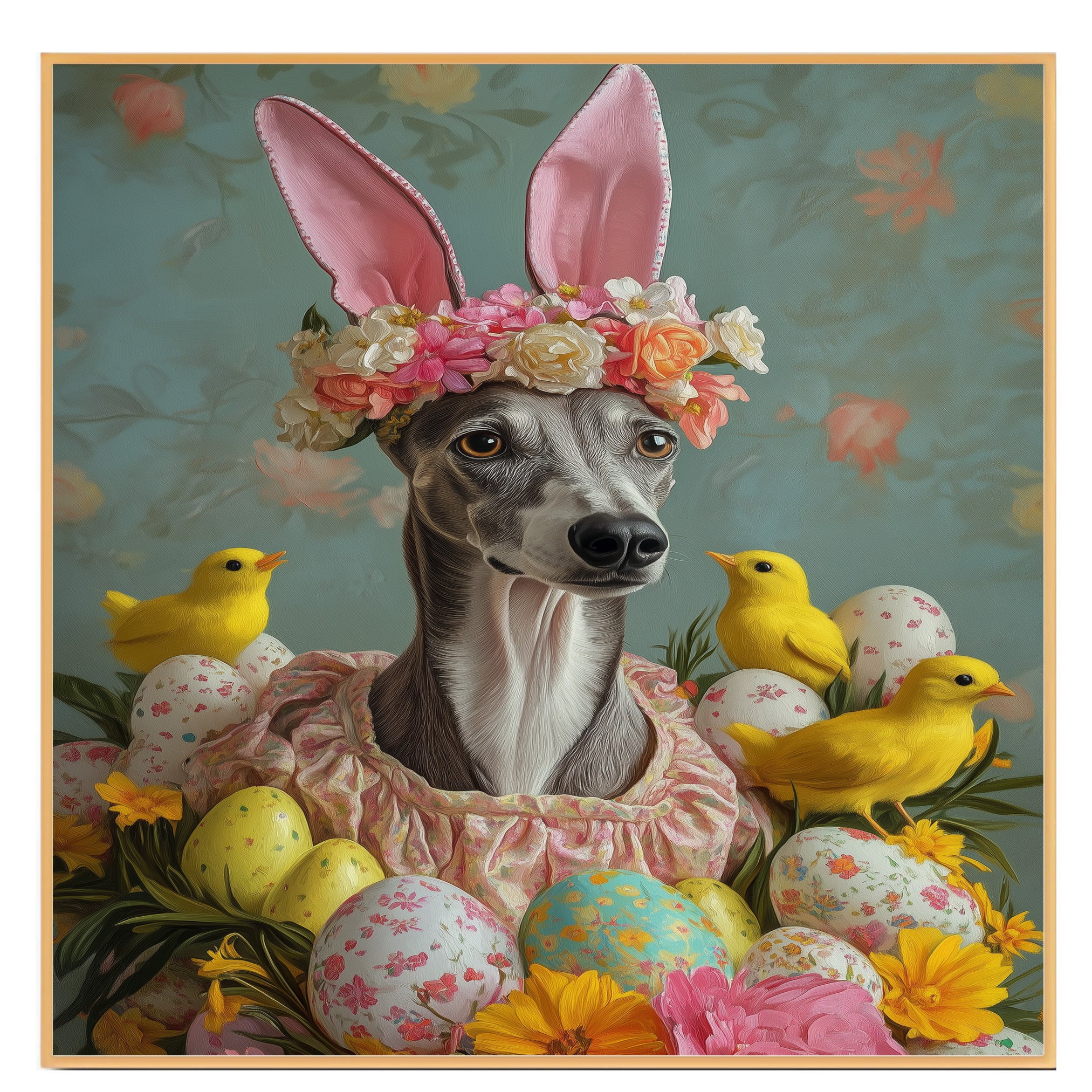 Greyhound in Easter Attire, Cute Pet Portrait for Spring Home Decor, Holiday Gifts for Dog Lovers, Dog Wall Art on Canvas Wrap, Framed Print, or Rolled Artwork