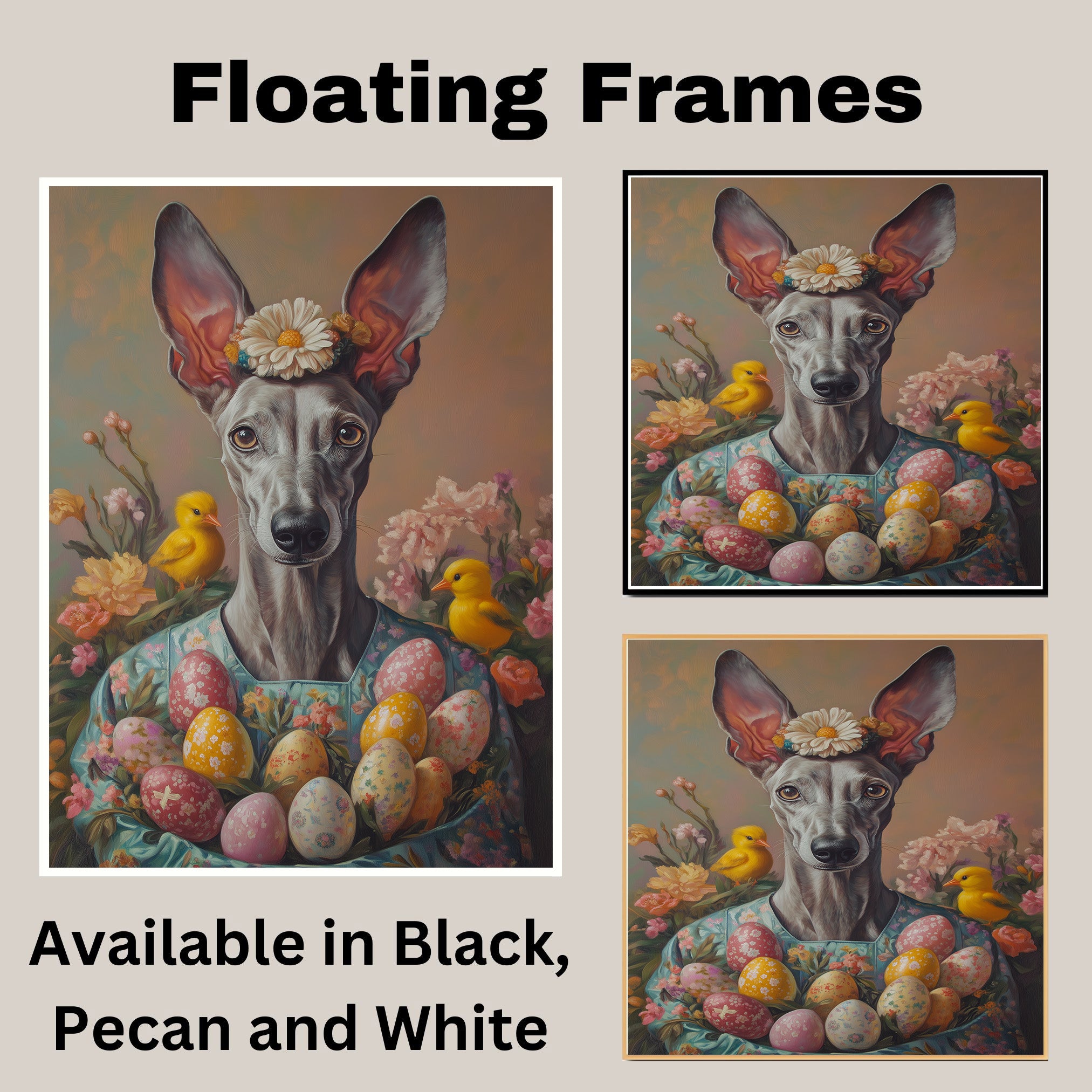 Greyhound in Easter Costume, Spring Home Decor for Dog Lovers on Canvas Wrap, Framed Print, or Rolled Artwork