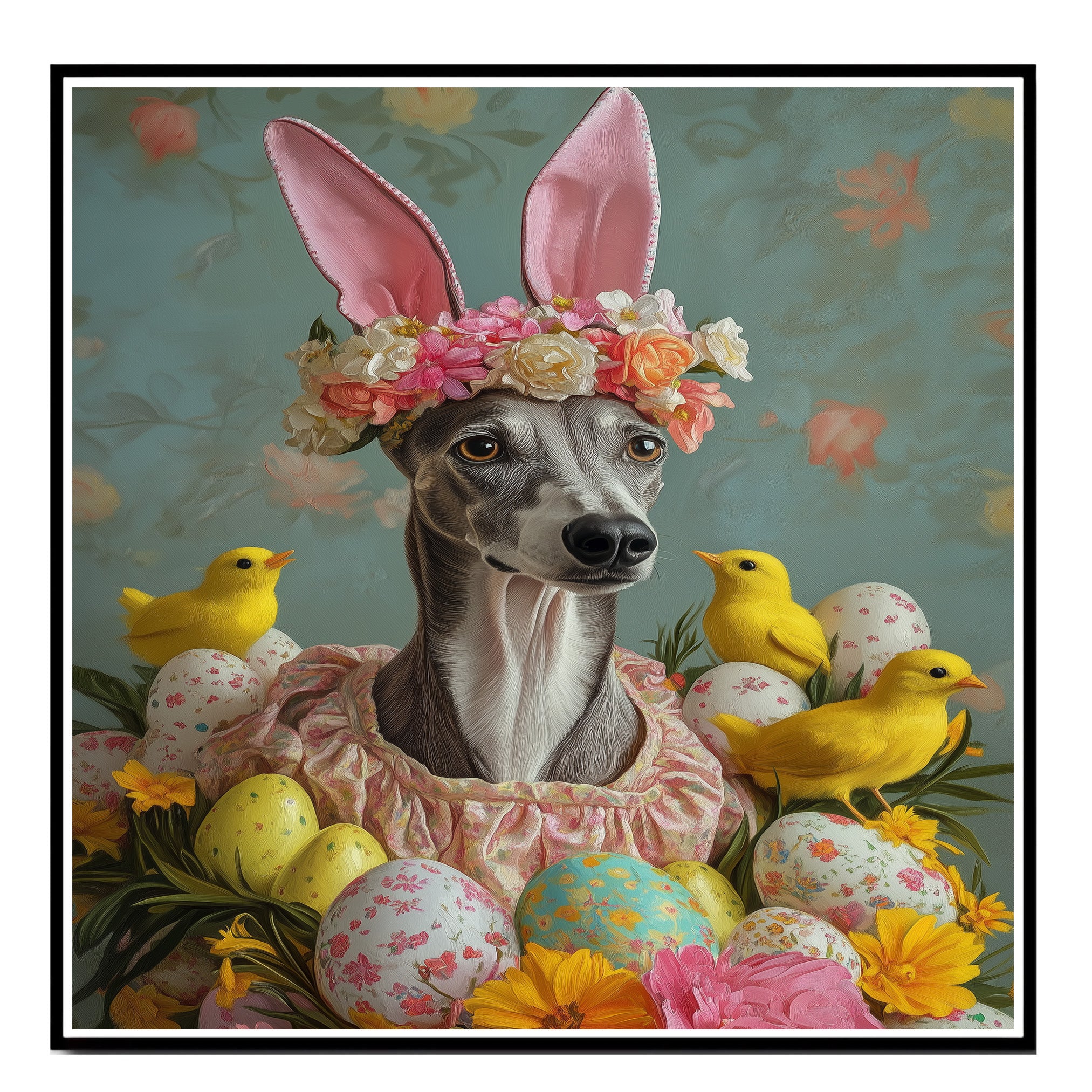 Greyhound in Easter Attire, Cute Pet Portrait for Spring Home Decor, Holiday Gifts for Dog Lovers, Dog Wall Art on Canvas Wrap, Framed Print, or Rolled Artwork