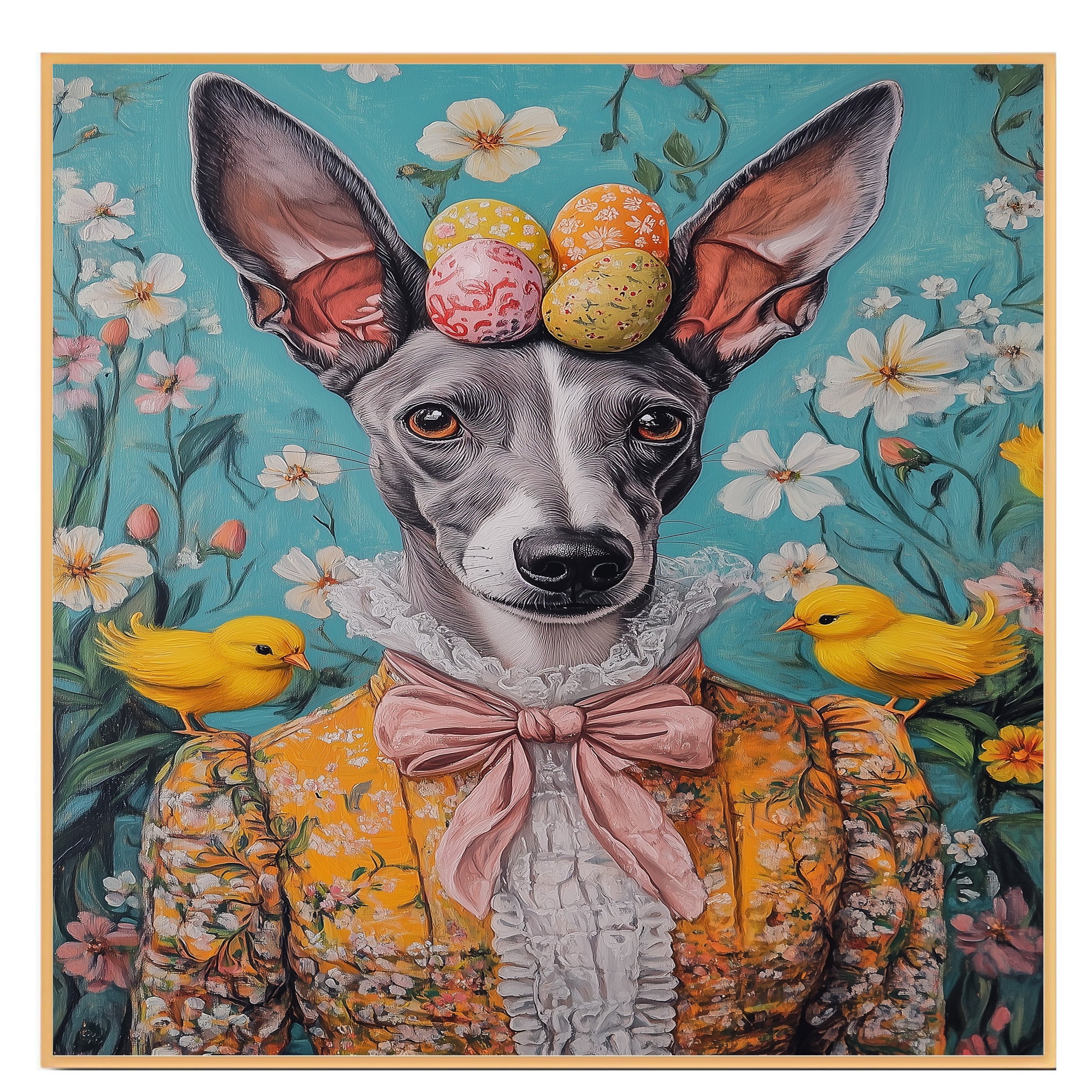 Greyhound in Easter Outfit, Cute Pet Portrait for Spring Home Decor, Holiday Gifts for Dog Lovers, Dog Wall Art on Canvas Wrap, Framed Print, or Rolled Artwork
