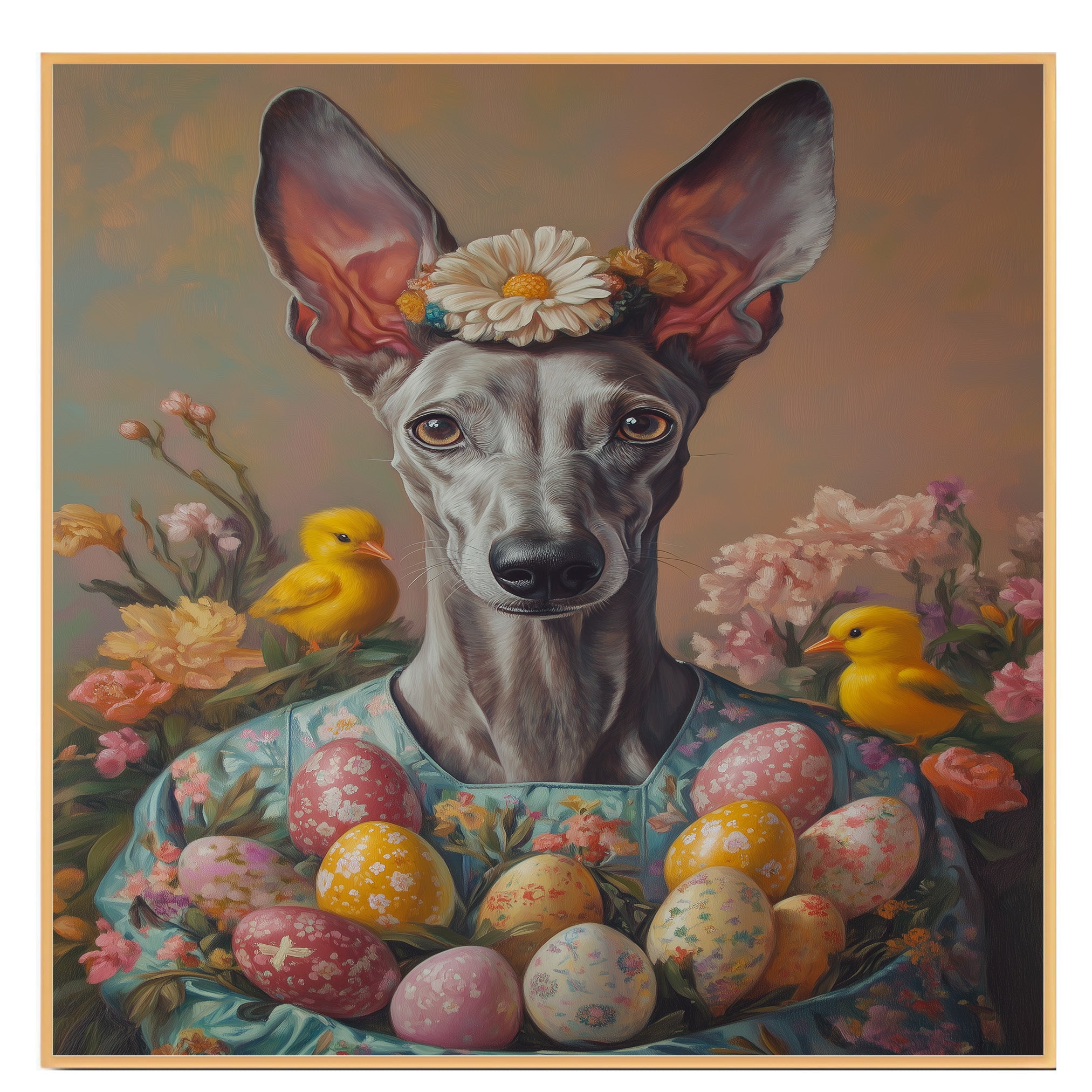 Greyhound in Easter Costume, Spring Home Decor for Dog Lovers on Canvas Wrap, Framed Print, or Rolled Artwork