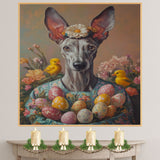 Greyhound in Easter Costume, Spring Home Decor for Dog Lovers on Canvas Wrap, Framed Print, or Rolled Artwork