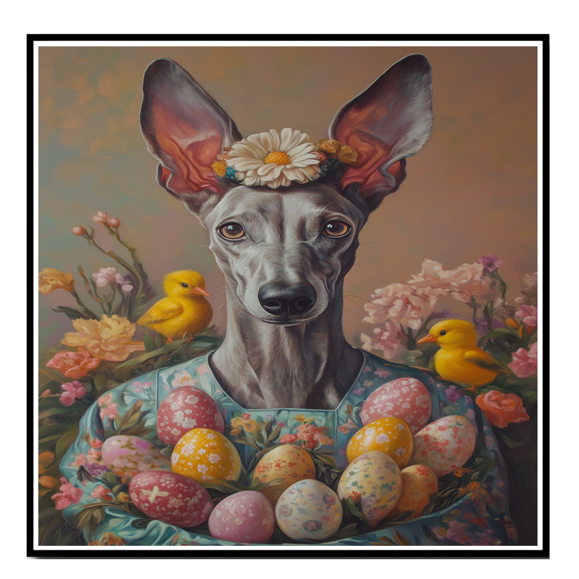 Greyhound in Easter Costume, Spring Home Decor for Dog Lovers on Canvas Wrap, Framed Print, or Rolled Artwork