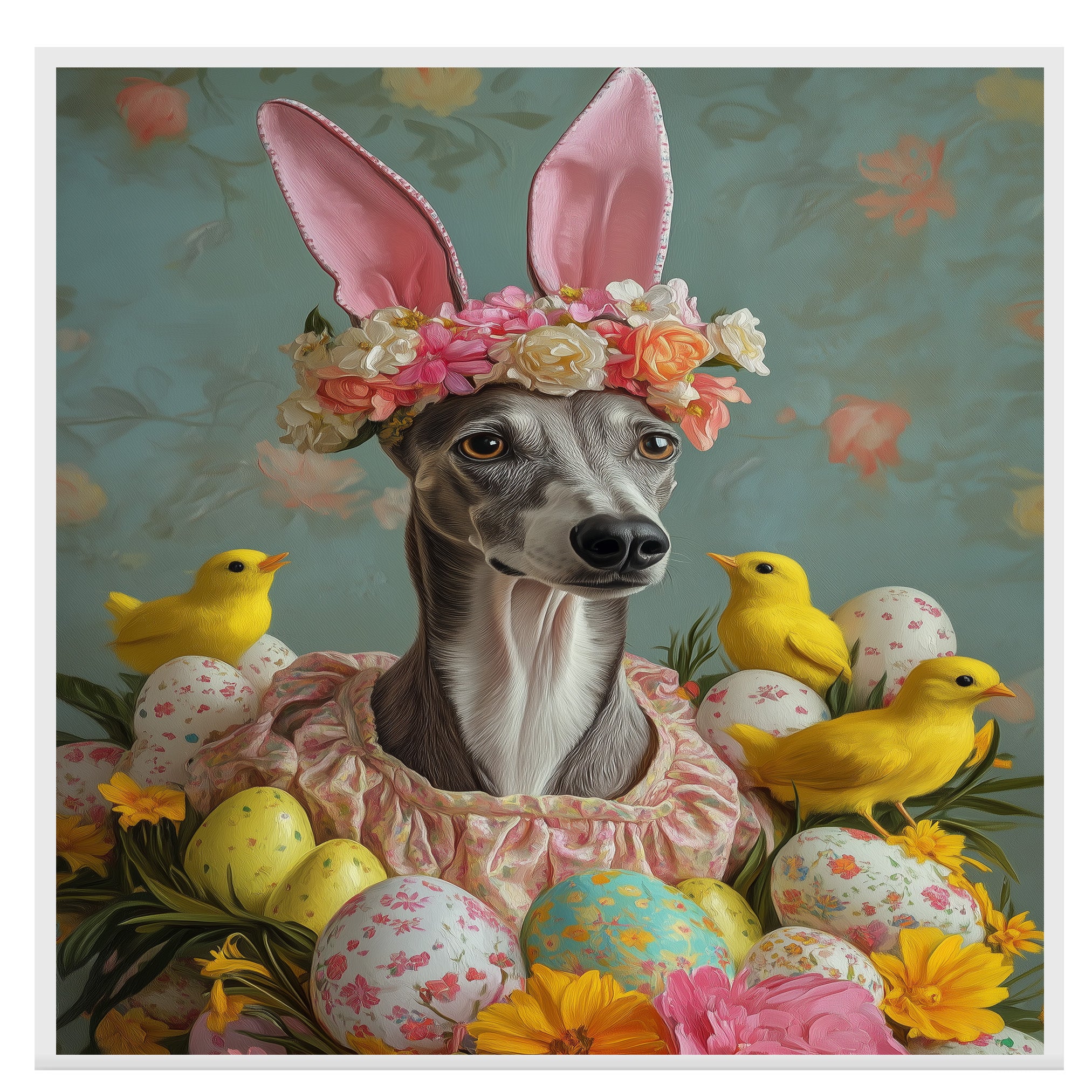 Greyhound in Easter Attire, Cute Pet Portrait for Spring Home Decor, Holiday Gifts for Dog Lovers, Dog Wall Art on Canvas Wrap, Framed Print, or Rolled Artwork