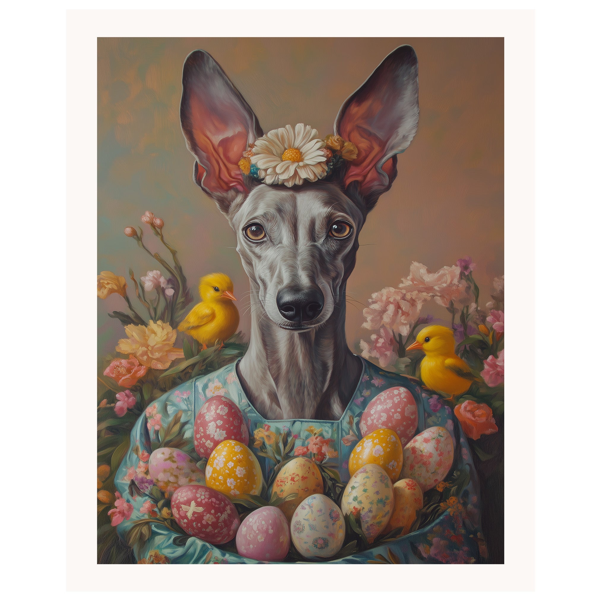Greyhound in Easter Costume, Spring Home Decor for Dog Lovers on Canvas Wrap, Framed Print, or Rolled Artwork