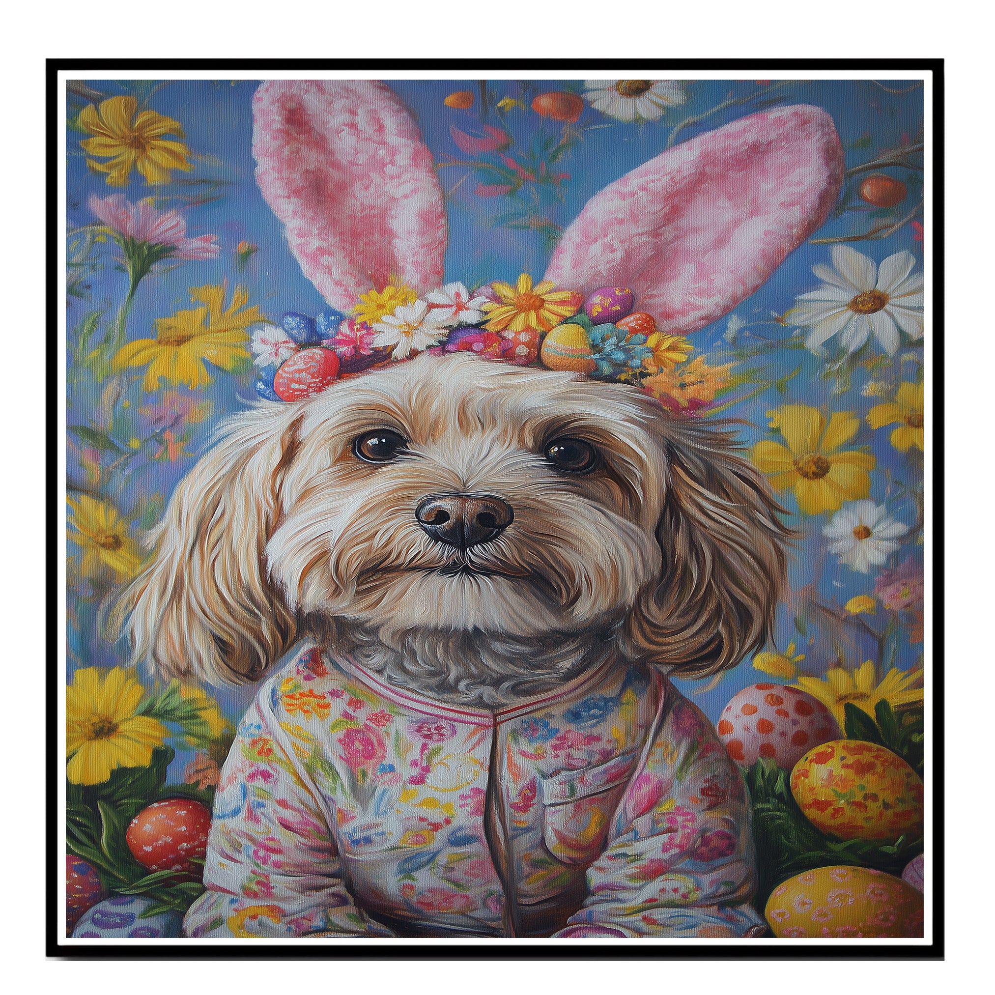 Havanese Dog Easter Outfit, Adorable Spring Art for Dog Lovers, Dog Wall Art on Canvas Wrap, Framed Print, or Rolled Artwork for Living Room or Bedroom
