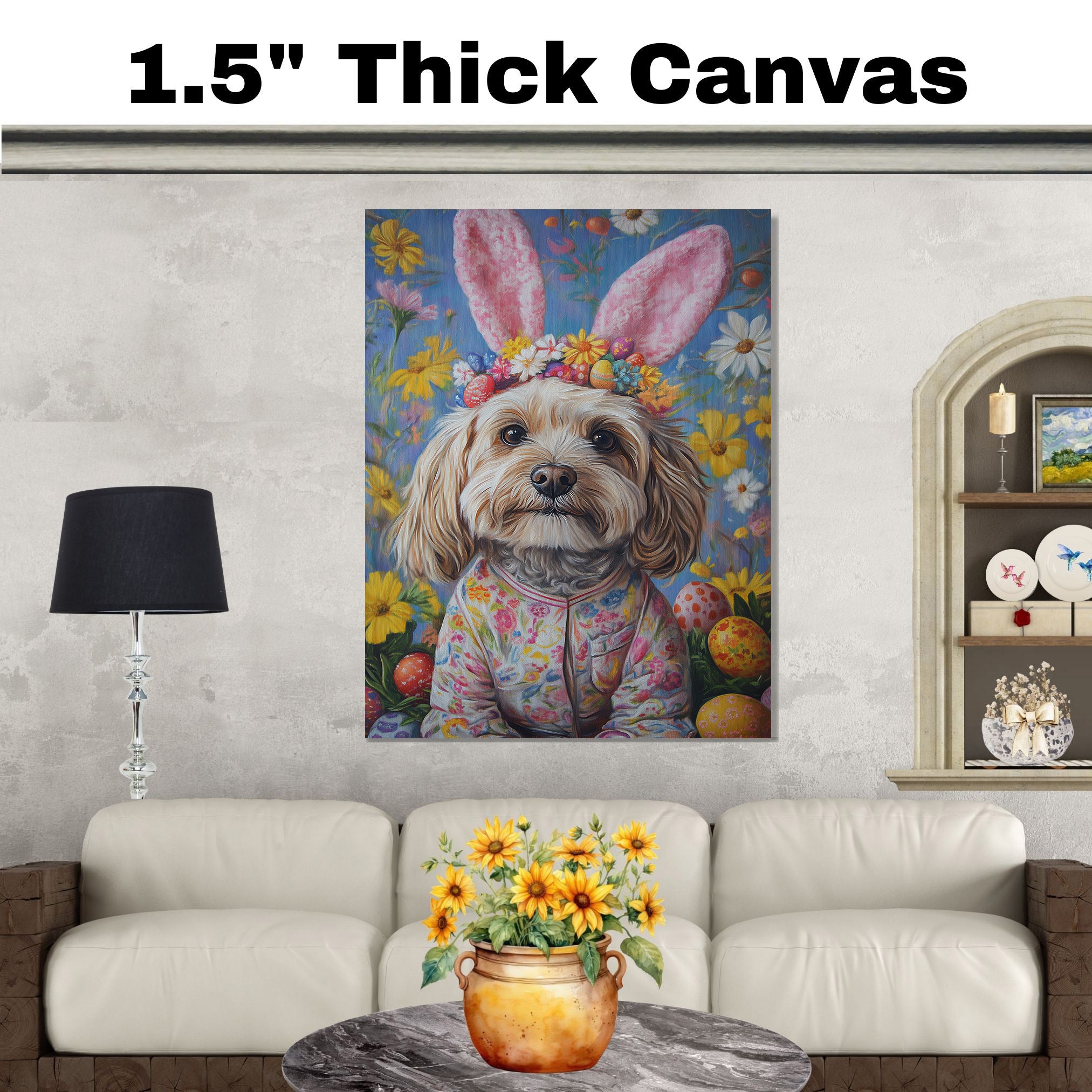 Havanese Dog Easter Outfit, Adorable Spring Art for Dog Lovers, Dog Wall Art on Canvas Wrap, Framed Print, or Rolled Artwork for Living Room or Bedroom