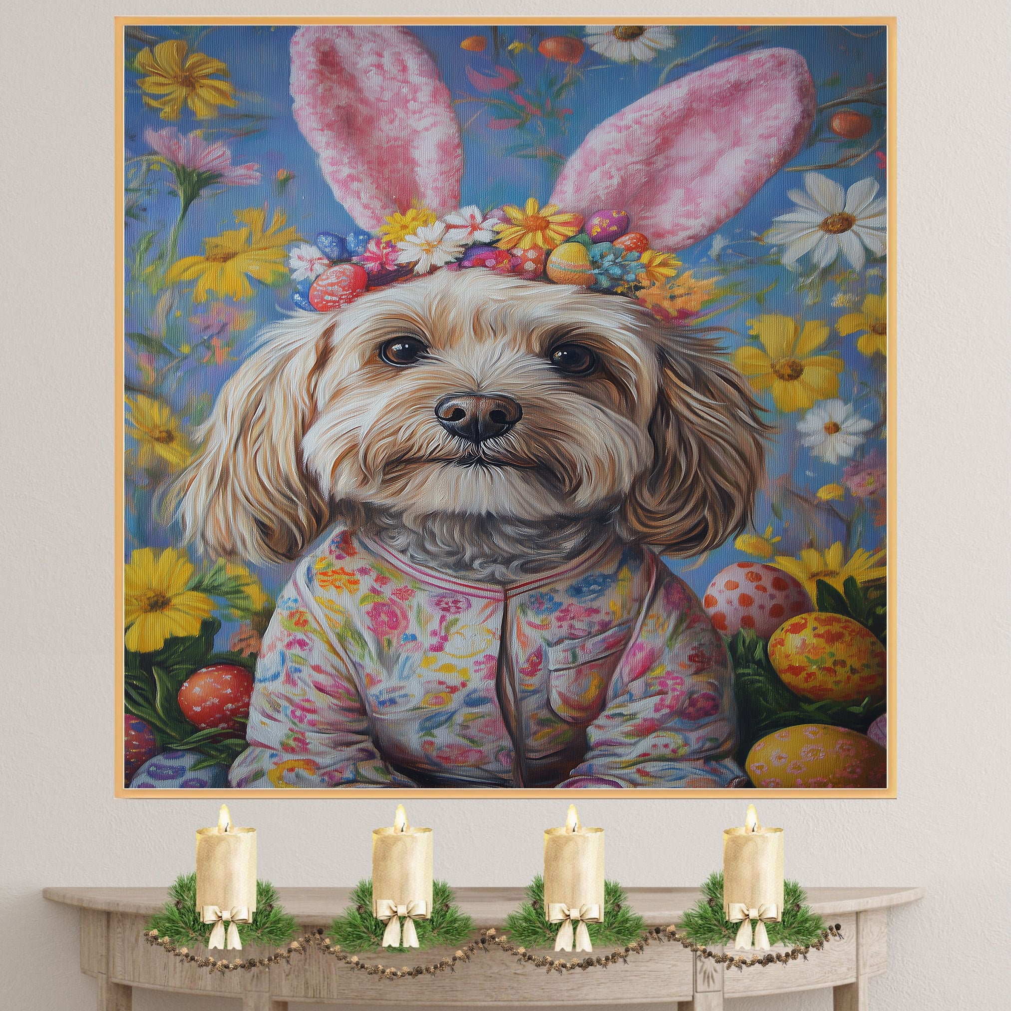Havanese Dog Easter Outfit, Adorable Spring Art for Dog Lovers, Dog Wall Art on Canvas Wrap, Framed Print, or Rolled Artwork for Living Room or Bedroom
