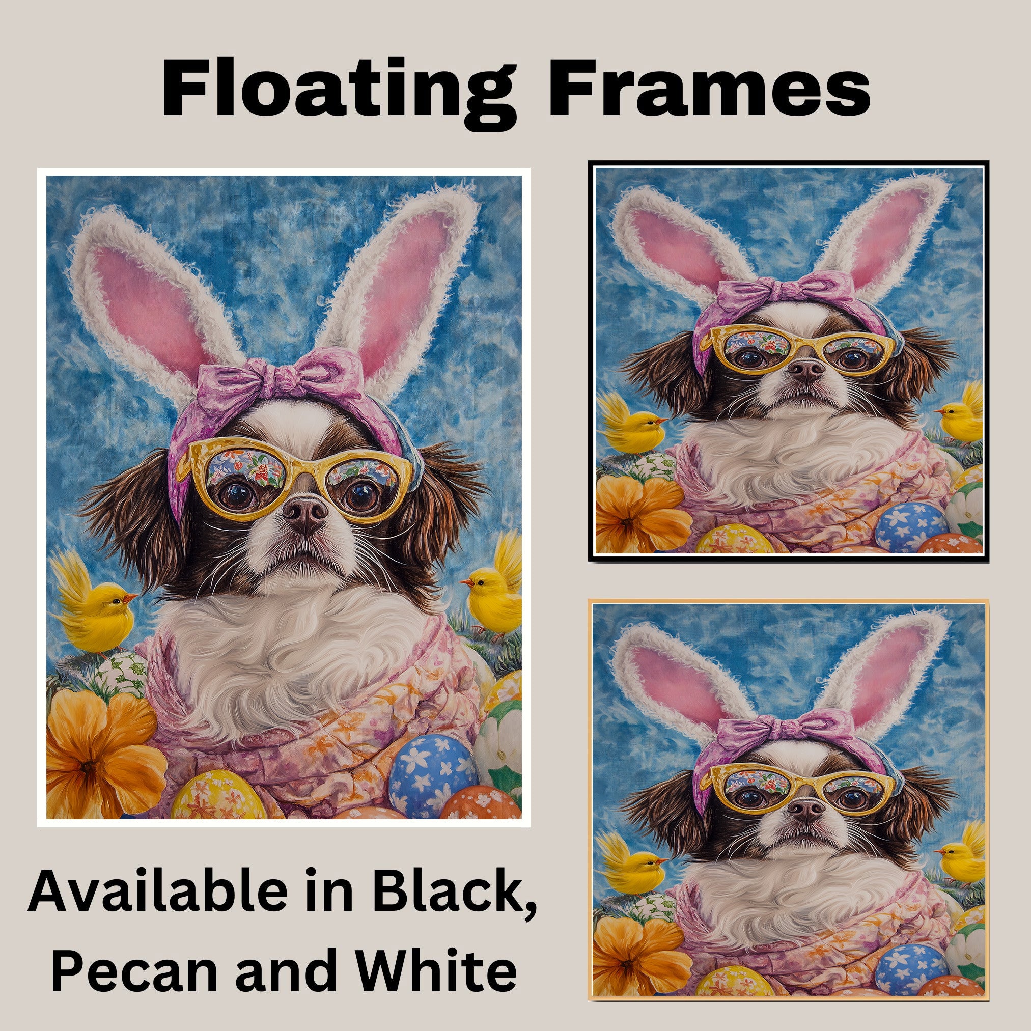 Japanese Chin Dog in Easter Outfit, Cute Spring Art for Dog Lovers, Holiday Gift for Japanese Chin Owners, Dog Wall Art on Canvas Wrap, Framed Print, or Rolled Artwork for Living Room or Bedroom