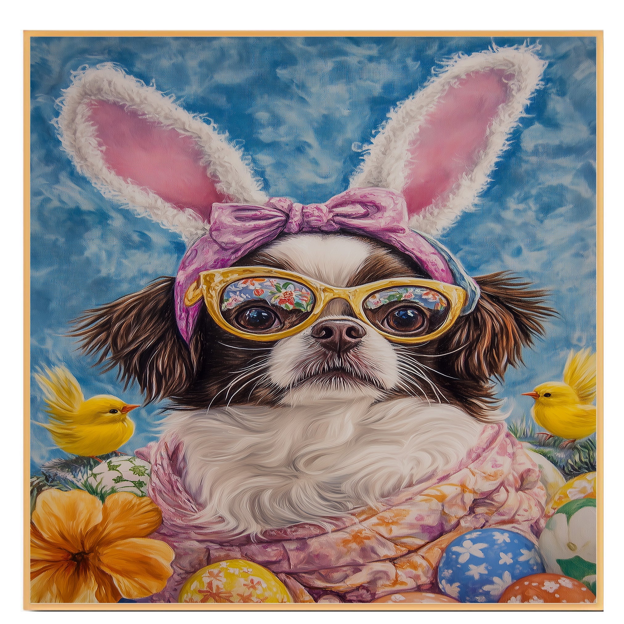 Japanese Chin Dog in Easter Outfit, Cute Spring Art for Dog Lovers, Holiday Gift for Japanese Chin Owners, Dog Wall Art on Canvas Wrap, Framed Print, or Rolled Artwork for Living Room or Bedroom