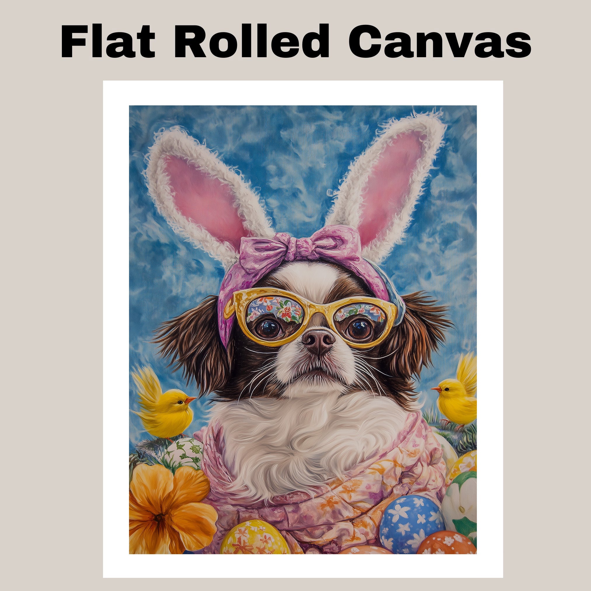 Japanese Chin Dog in Easter Outfit, Cute Spring Art for Dog Lovers, Holiday Gift for Japanese Chin Owners, Dog Wall Art on Canvas Wrap, Framed Print, or Rolled Artwork for Living Room or Bedroom