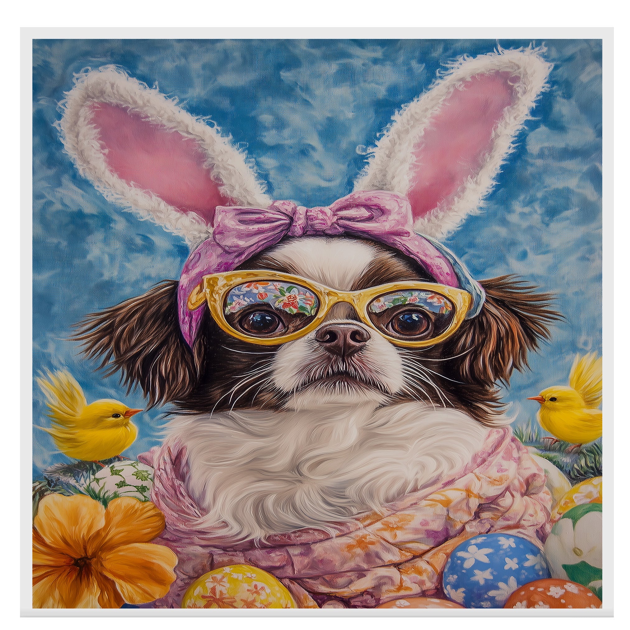 Japanese Chin Dog in Easter Outfit, Cute Spring Art for Dog Lovers, Holiday Gift for Japanese Chin Owners, Dog Wall Art on Canvas Wrap, Framed Print, or Rolled Artwork for Living Room or Bedroom