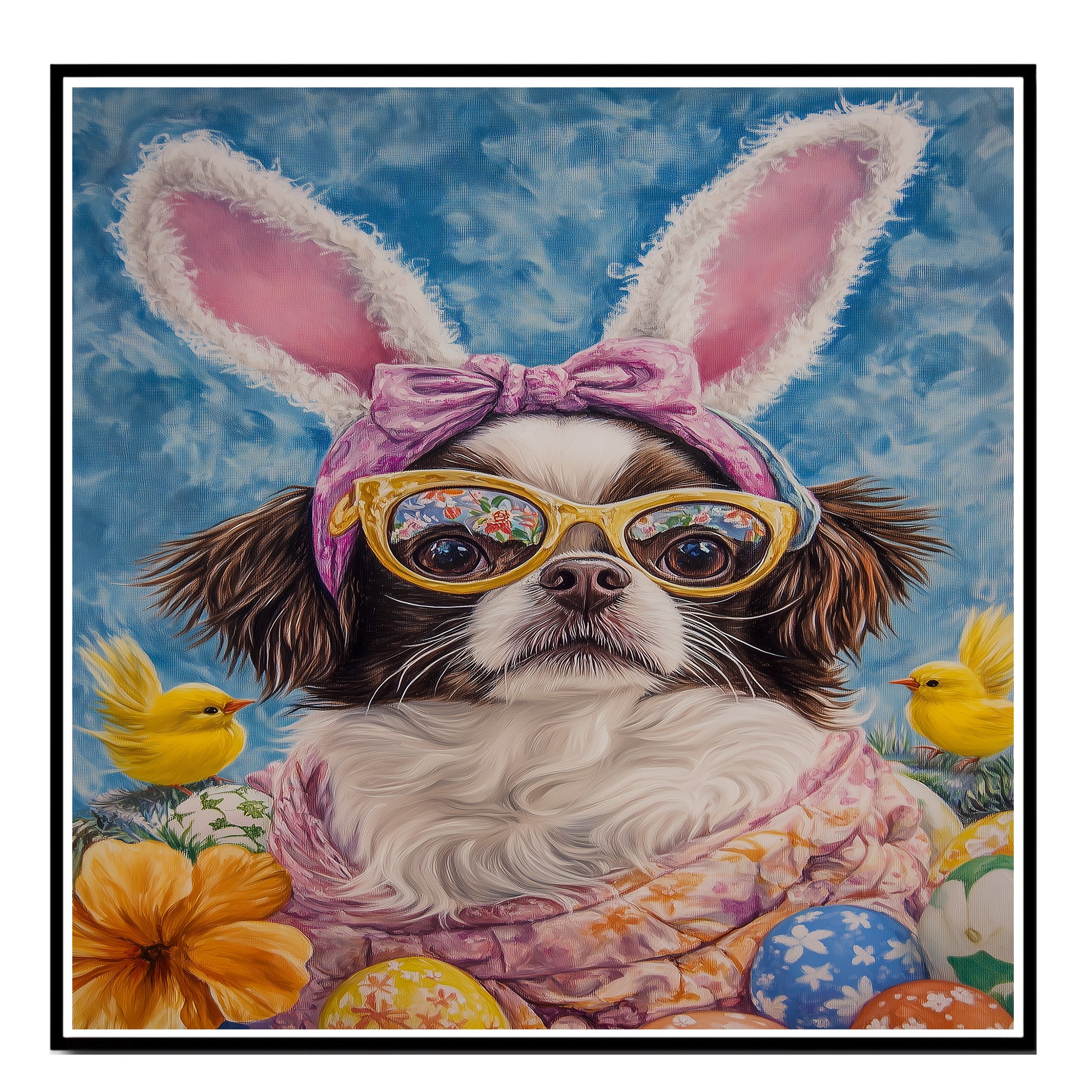 Japanese Chin Dog in Easter Outfit, Cute Spring Art for Dog Lovers, Holiday Gift for Japanese Chin Owners, Dog Wall Art on Canvas Wrap, Framed Print, or Rolled Artwork for Living Room or Bedroom
