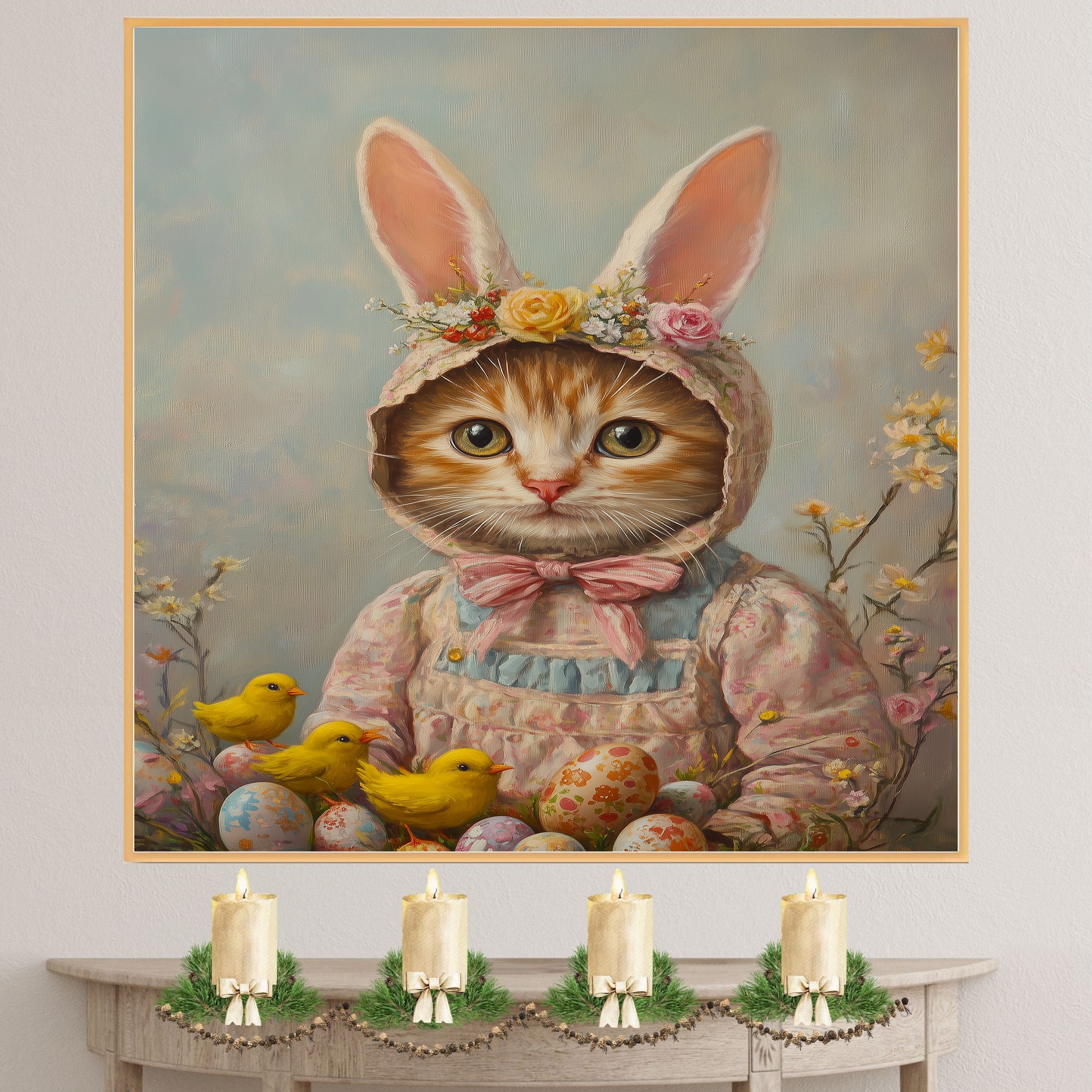 Kitten in Easter Outfit, Perfect Spring Art for Cat Lovers, Holiday Gift for Easter, Cute Pet Portrait for Home, Cat Wall Art on Canvas Wrap, Framed Print, or Rolled Artwork for Living Room or Bedroom