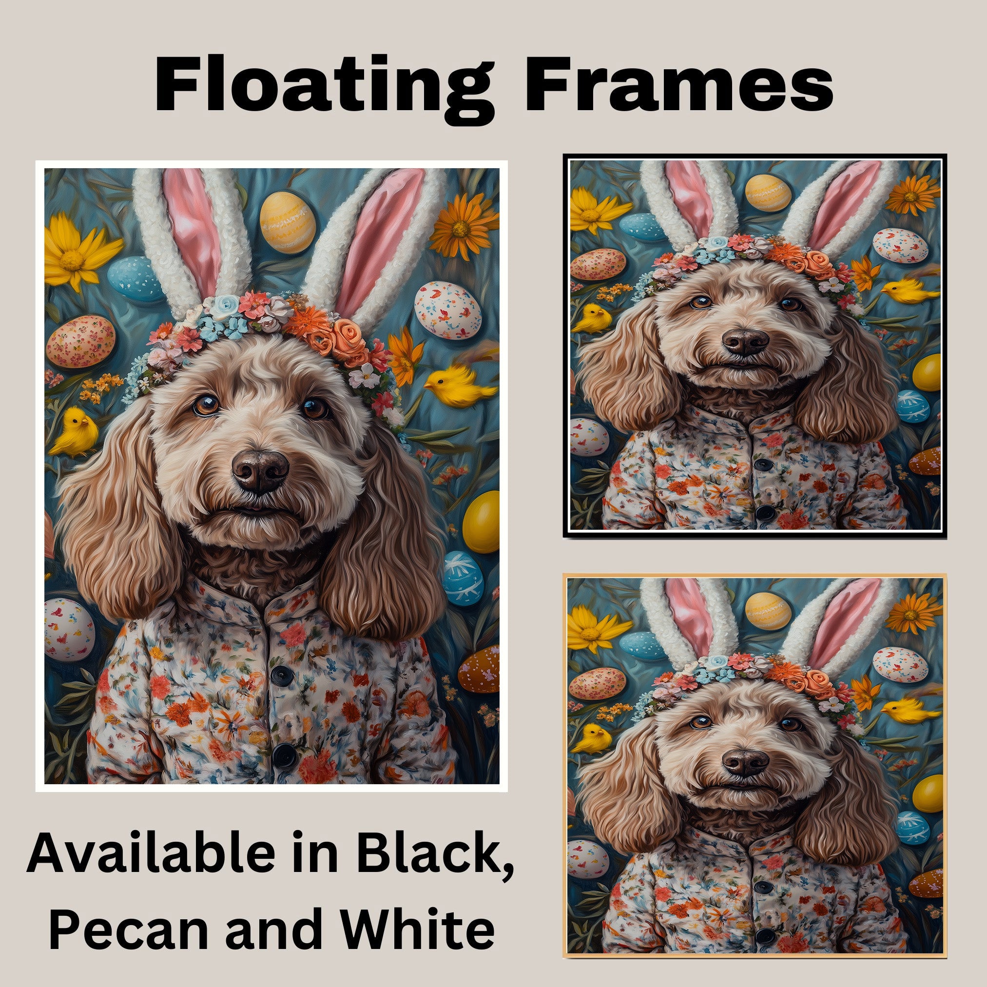 Labradoodle in Easter Outfit, Spring Dog Art for Labradoodle Lovers, Holiday Gift for Dog Owners, Dog Wall Art on Canvas Wrap, Framed Print, or Rolled Artwork for Bedroom or Living Room
