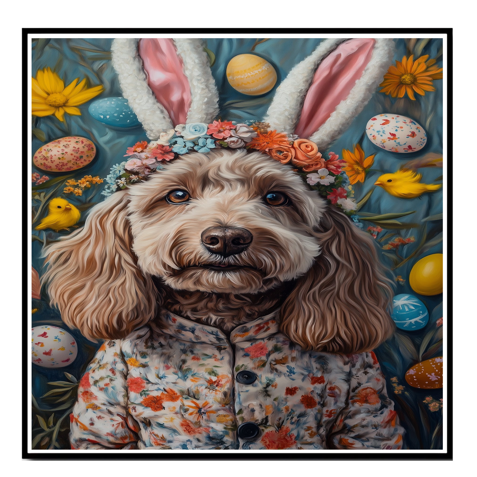 Labradoodle in Easter Outfit, Spring Dog Art for Labradoodle Lovers, Holiday Gift for Dog Owners, Dog Wall Art on Canvas Wrap, Framed Print, or Rolled Artwork for Bedroom or Living Room