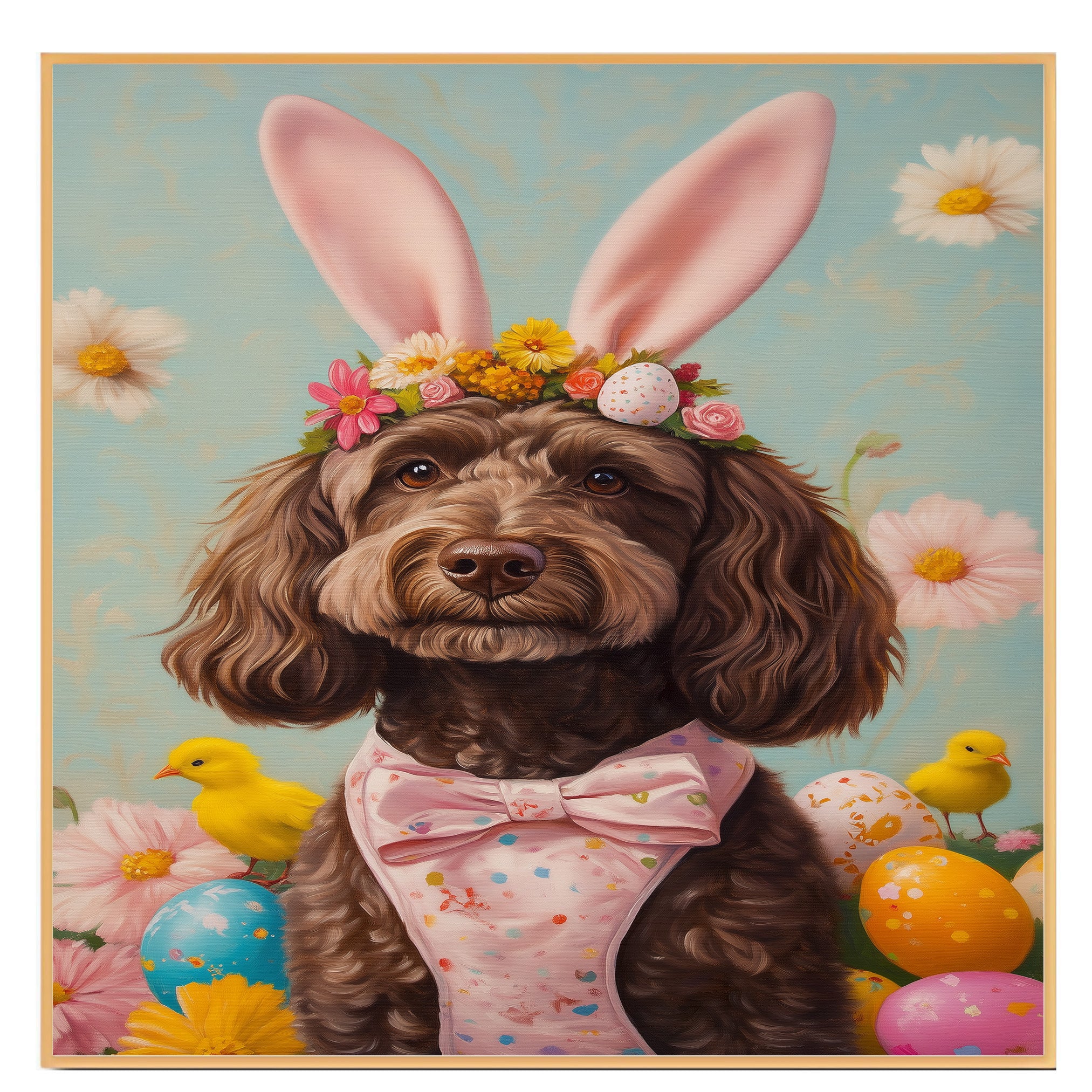 Labradoodle in Easter Outfit, Cute Dog Art for Spring, Perfect Gift for Labradoodle Owners, Dog Wall Art on Canvas Wrap, Framed Print, or Rolled Artwork for Living Room or Bedroom