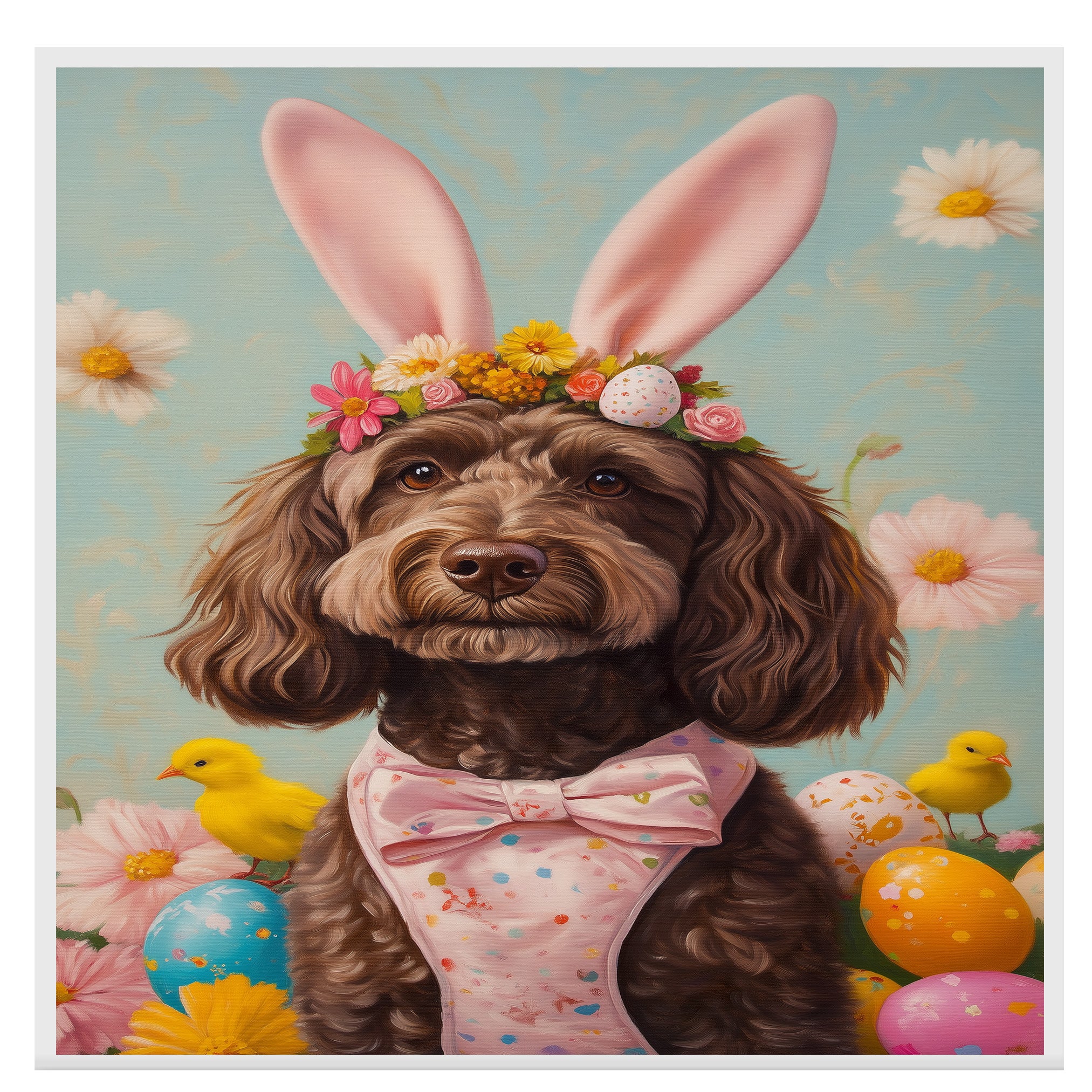 Labradoodle in Easter Outfit, Cute Dog Art for Spring, Perfect Gift for Labradoodle Owners, Dog Wall Art on Canvas Wrap, Framed Print, or Rolled Artwork for Living Room or Bedroom