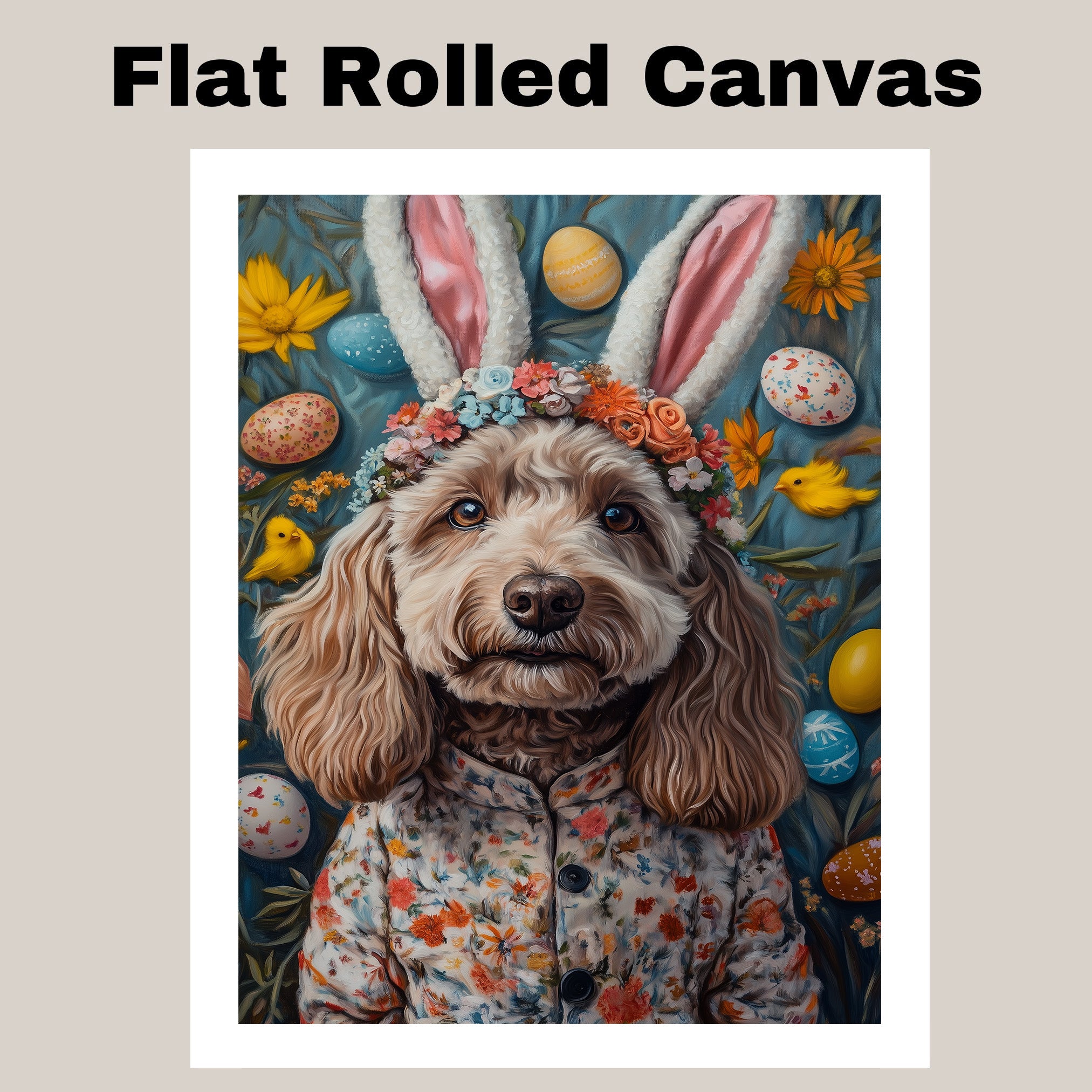 Labradoodle in Easter Outfit, Spring Dog Art for Labradoodle Lovers, Holiday Gift for Dog Owners, Dog Wall Art on Canvas Wrap, Framed Print, or Rolled Artwork for Bedroom or Living Room