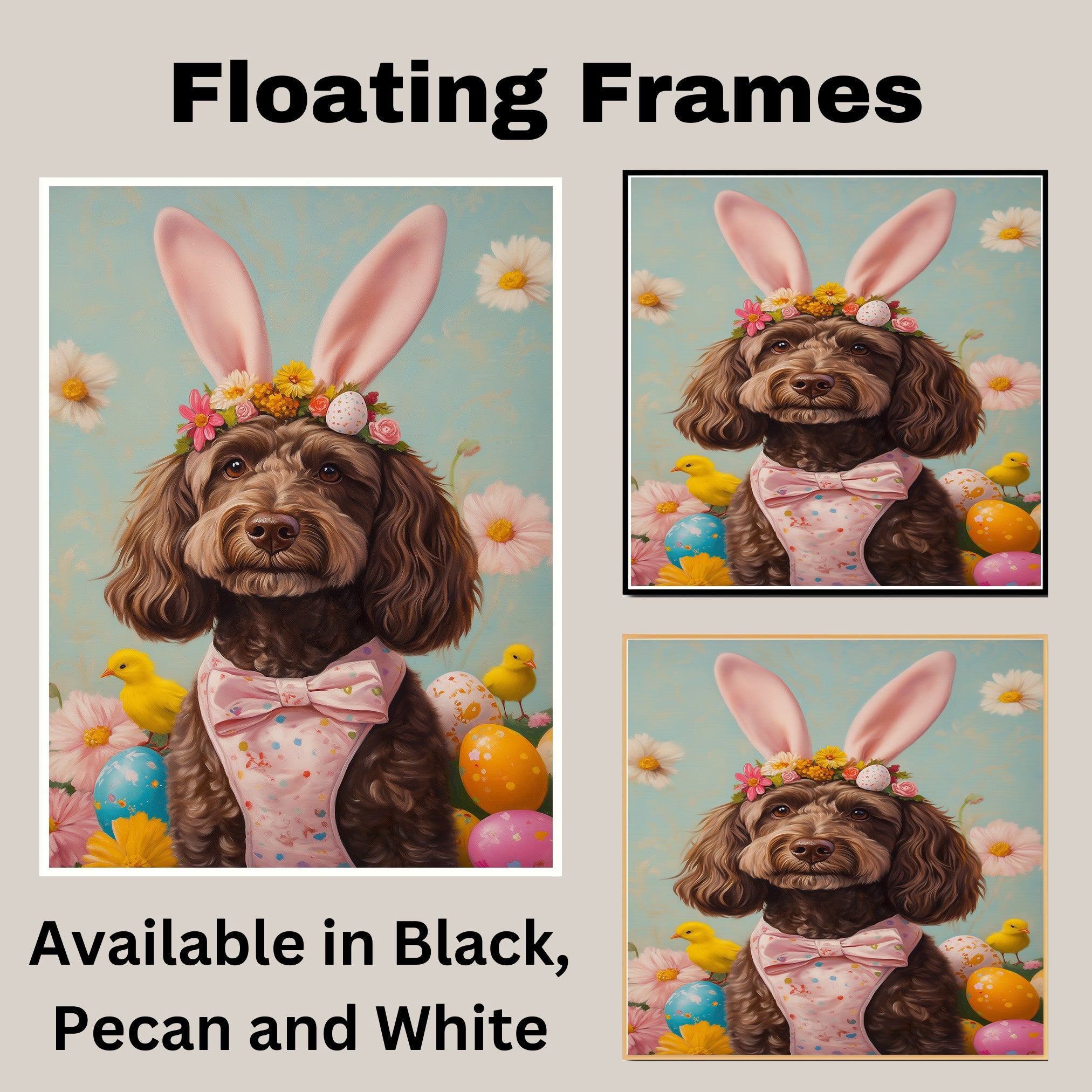 Labradoodle in Easter Outfit, Cute Dog Art for Spring, Perfect Gift for Labradoodle Owners, Dog Wall Art on Canvas Wrap, Framed Print, or Rolled Artwork for Living Room or Bedroom