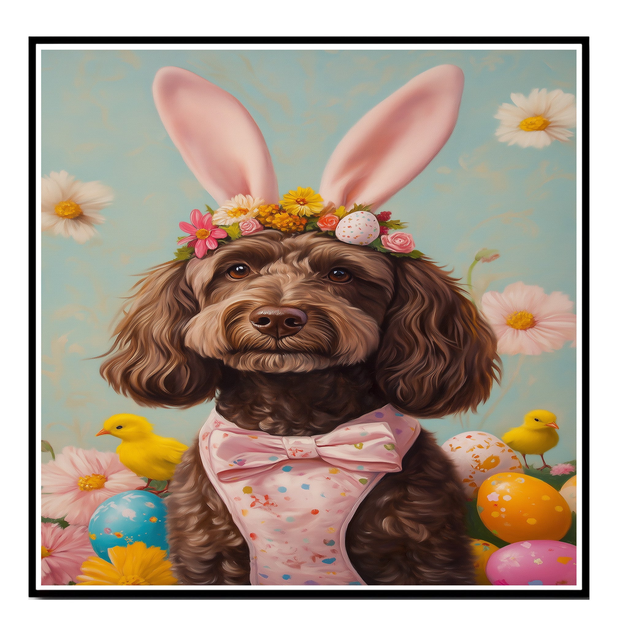 Labradoodle in Easter Outfit, Cute Dog Art for Spring, Perfect Gift for Labradoodle Owners, Dog Wall Art on Canvas Wrap, Framed Print, or Rolled Artwork for Living Room or Bedroom